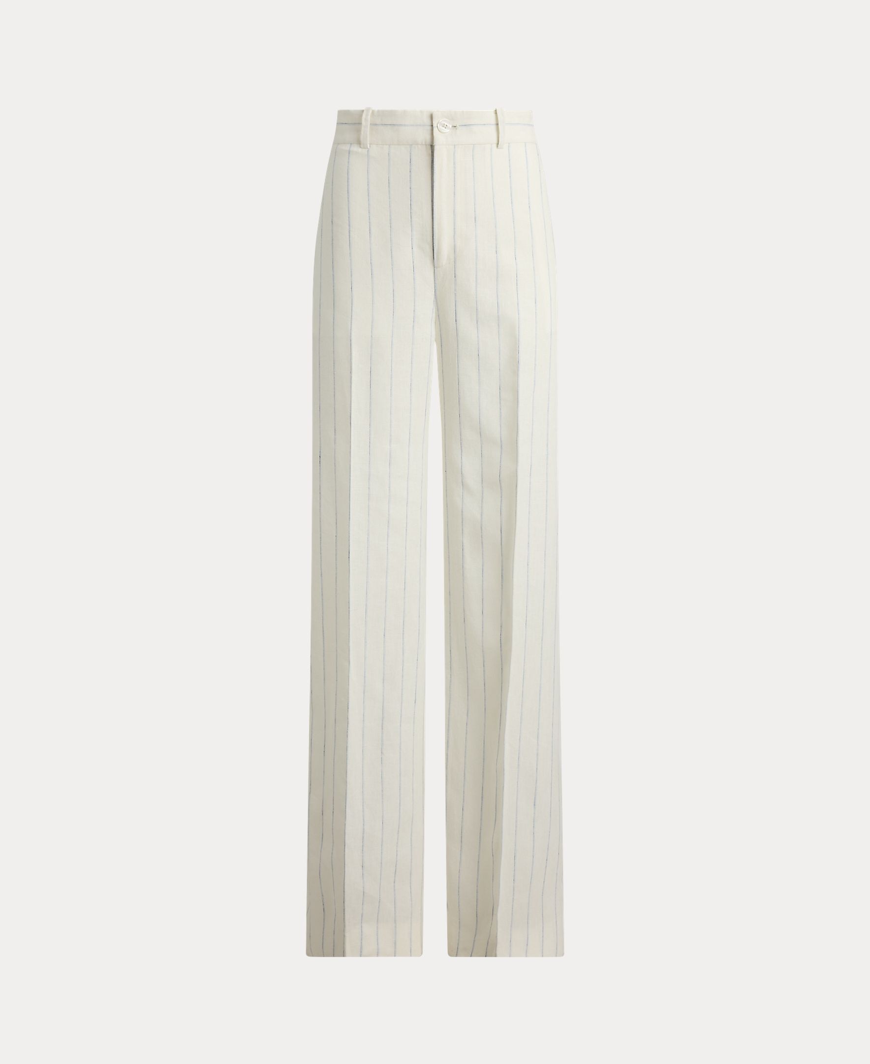Calças Largas de Linho às Riscas Branco-5