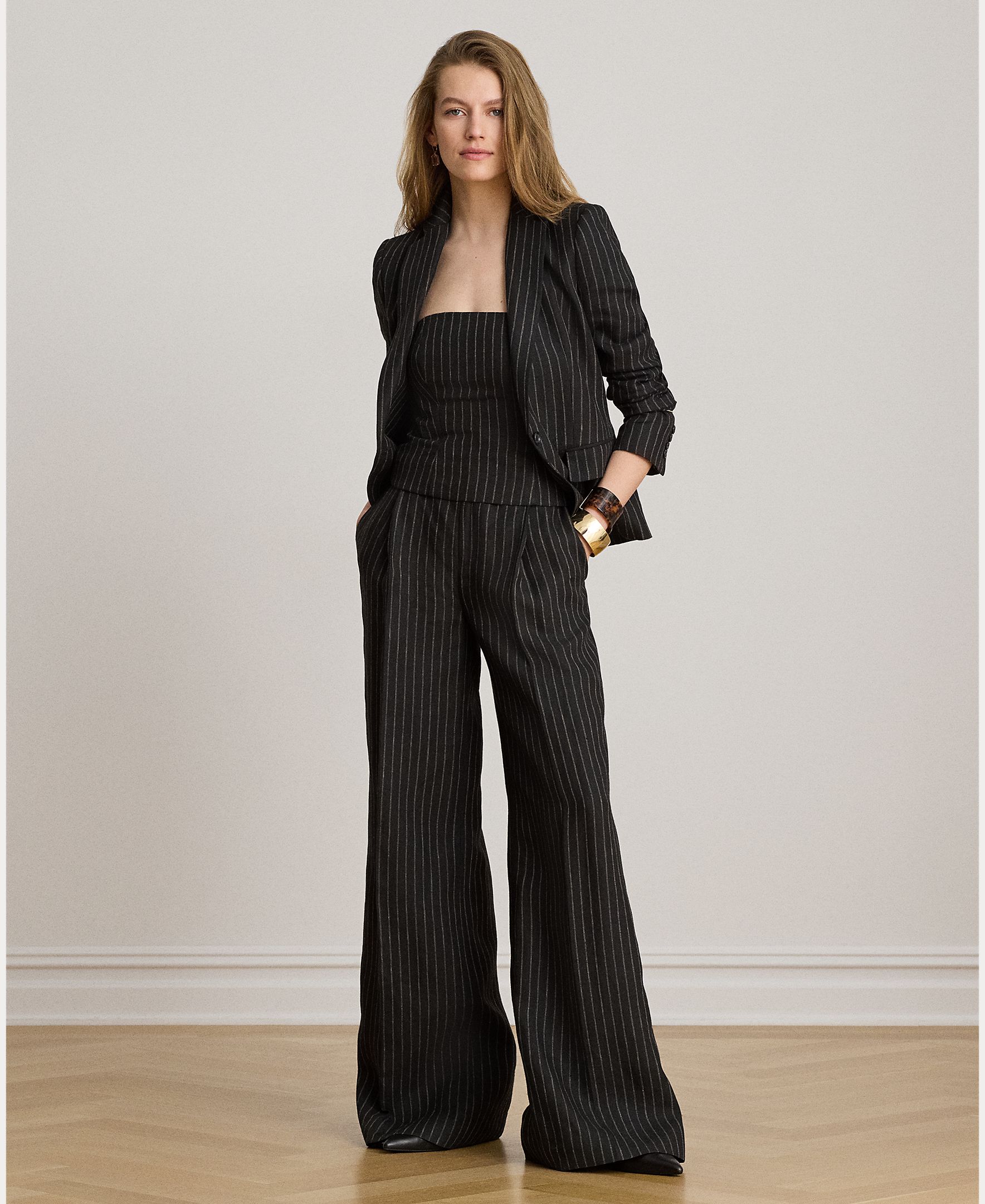 Lauren Ralph Lauren - Pantalón ancho de mujer de lino de raya diplomática.