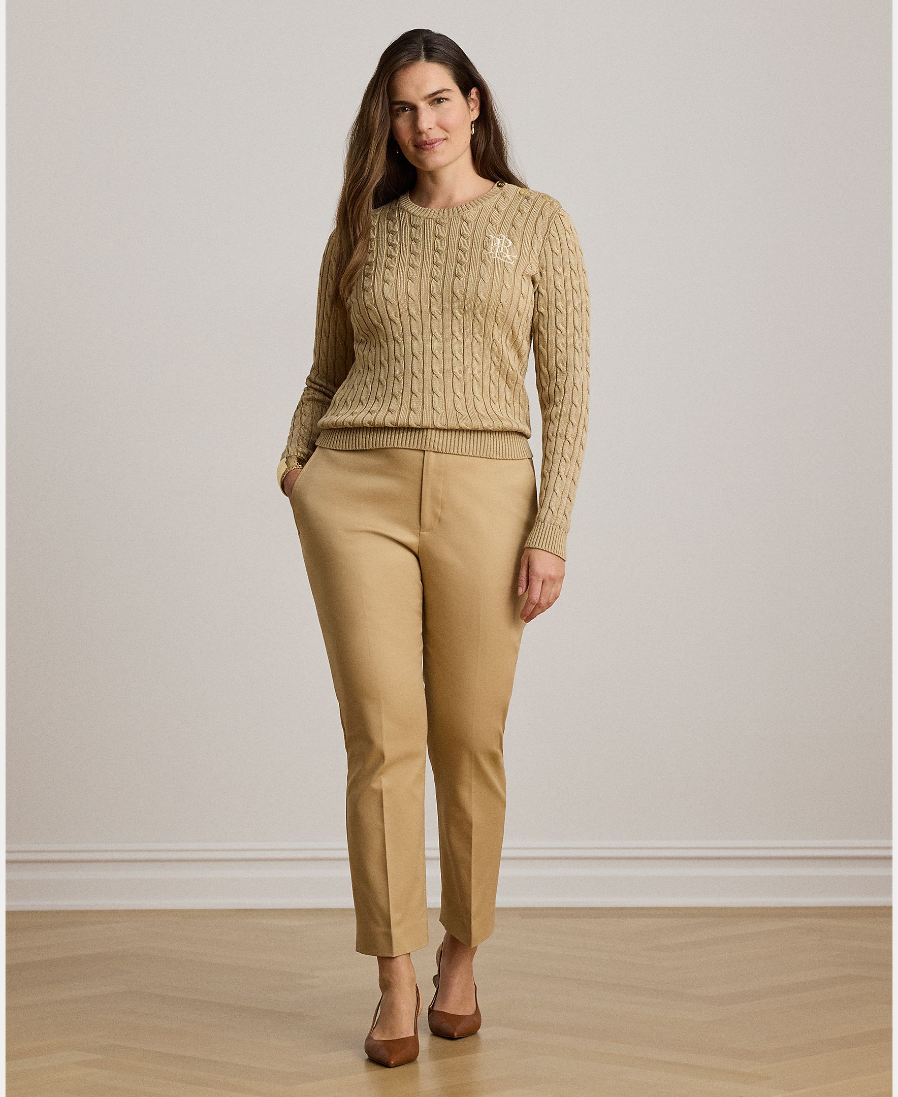 Calças Regular de Sarja Slim Fit Camel-6