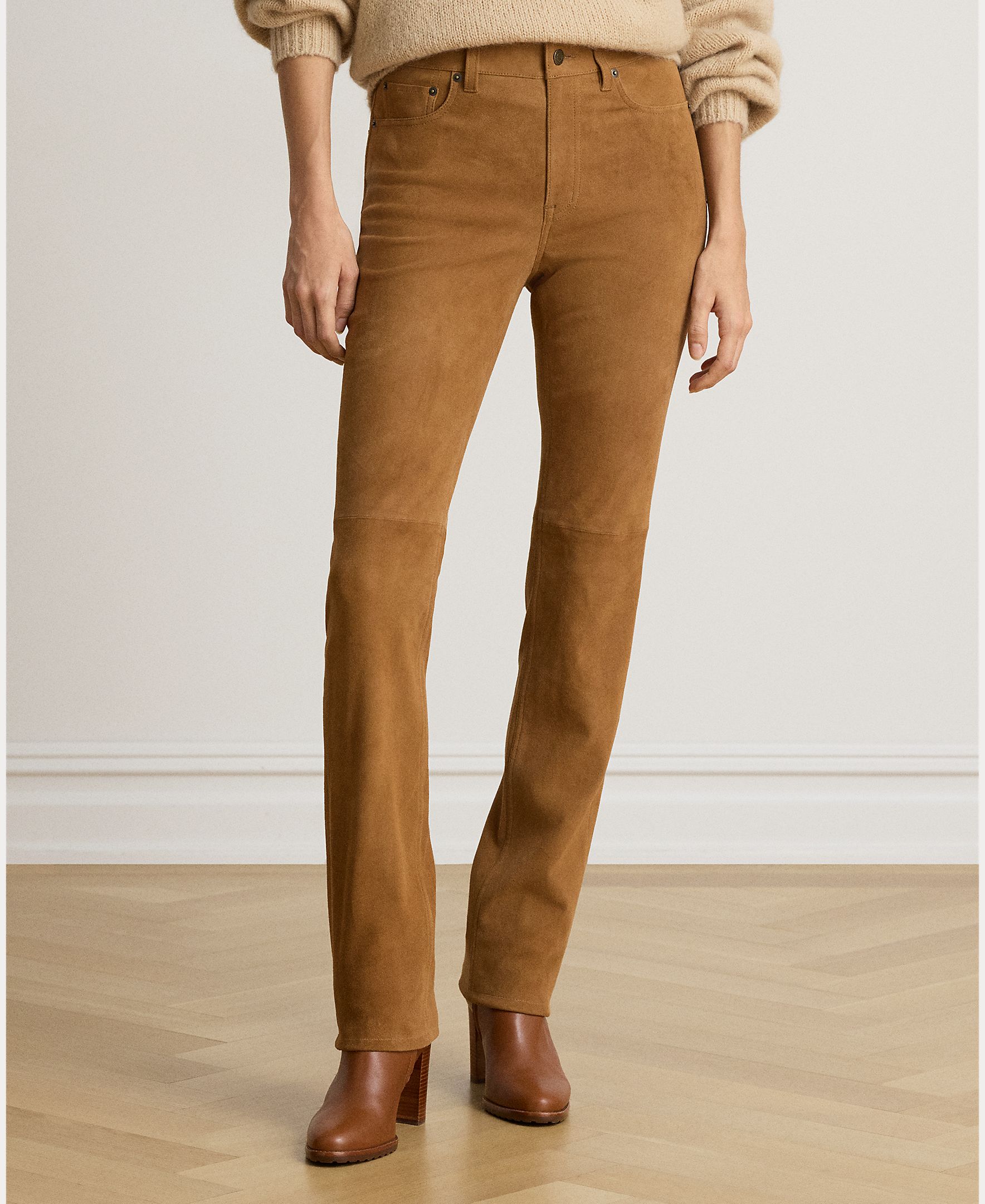Calças Regular de Camurça Slim Fit Castanho-claro-3