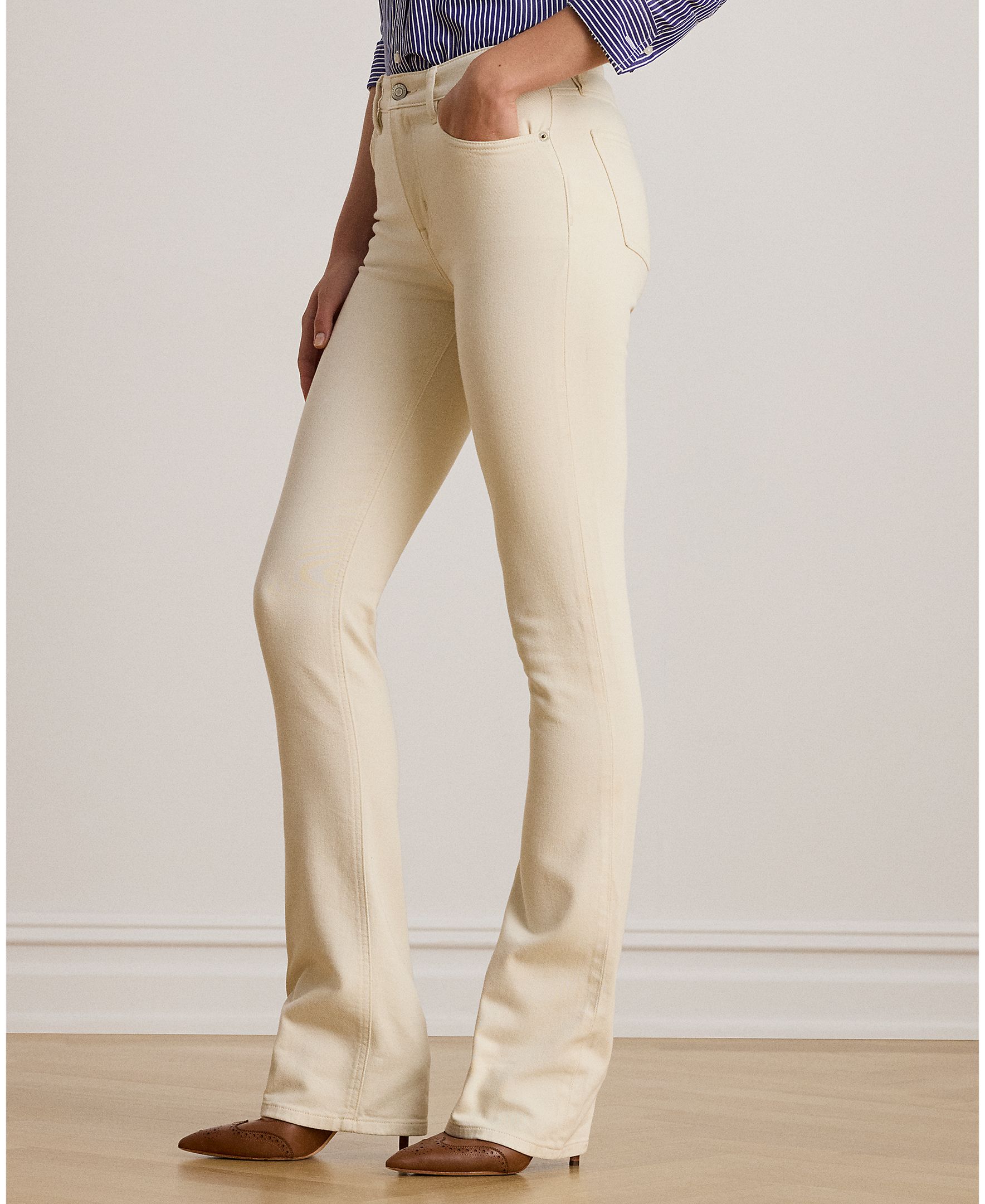Jeans Straight de Algodão com Cintura Subida Creme-4