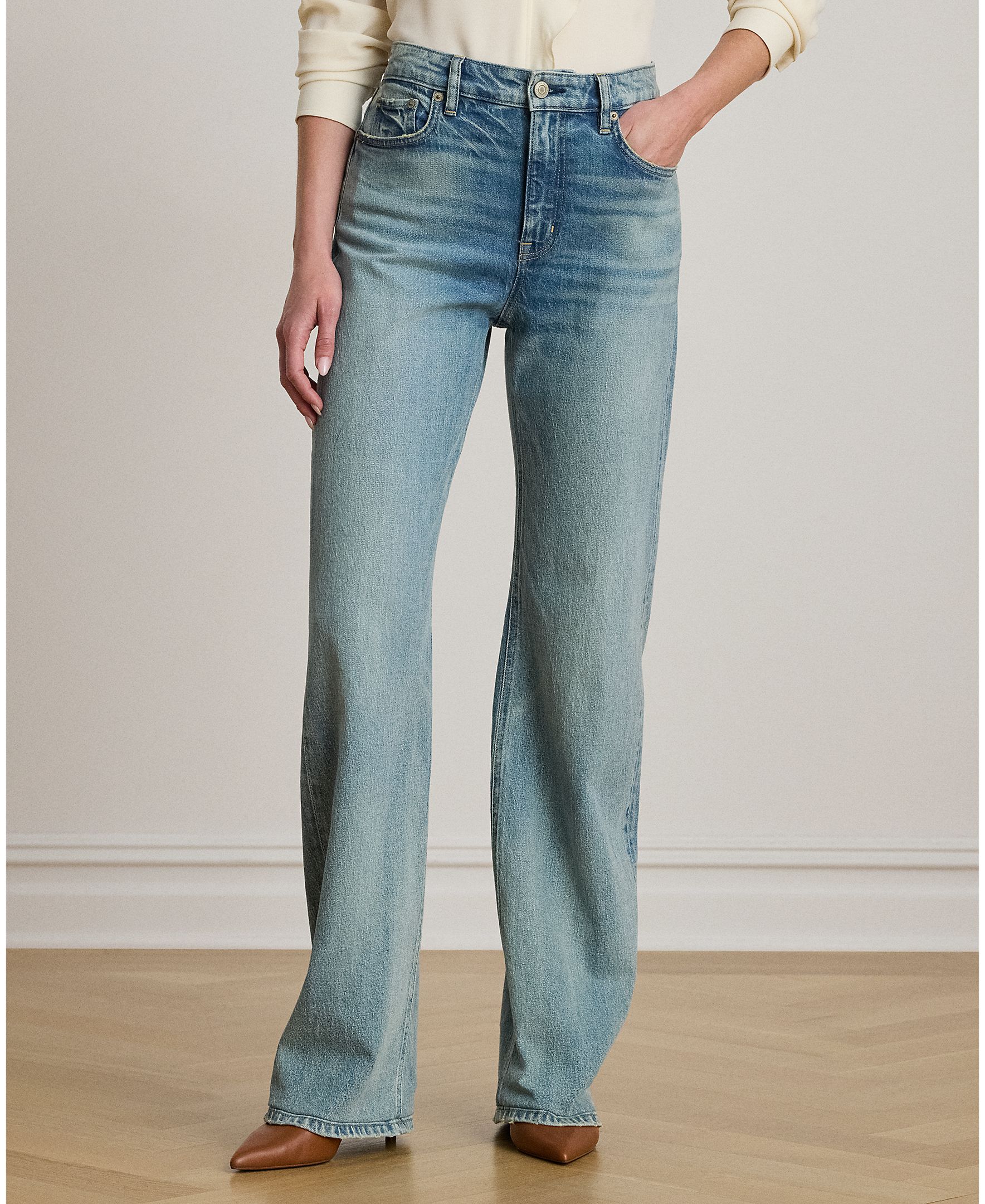 Jeans Straight com Perna Larga e Cintura Subida Azul-índigo-3
