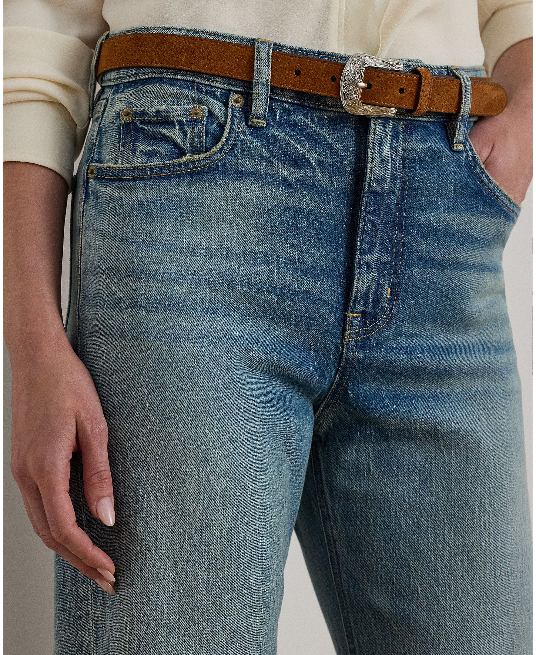 Jeans Straight com Perna Larga e Cintura Subida Azul-índigo-5