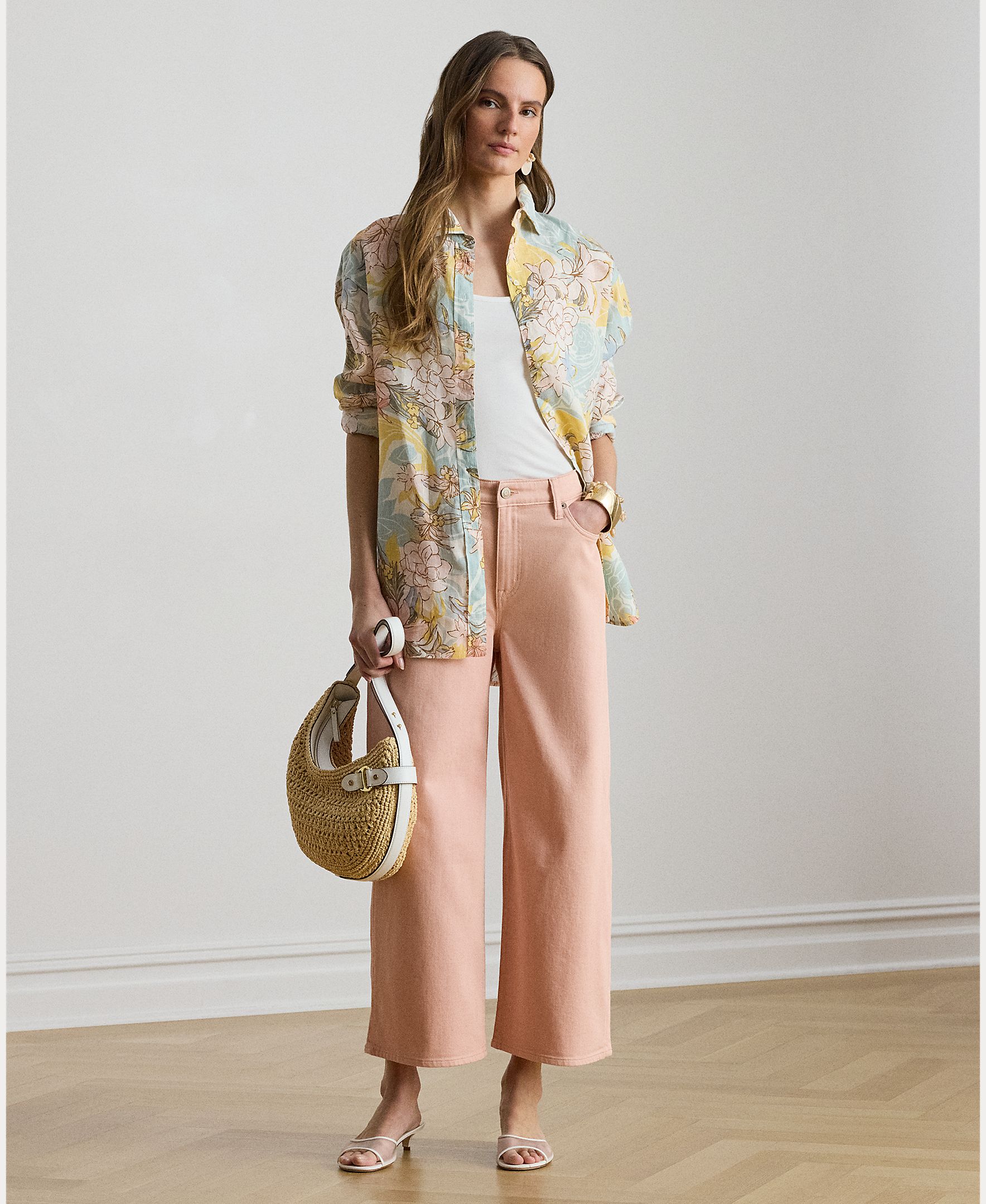 Imagem 0 de Jeans Largas Recortadas de Algodão Elástico