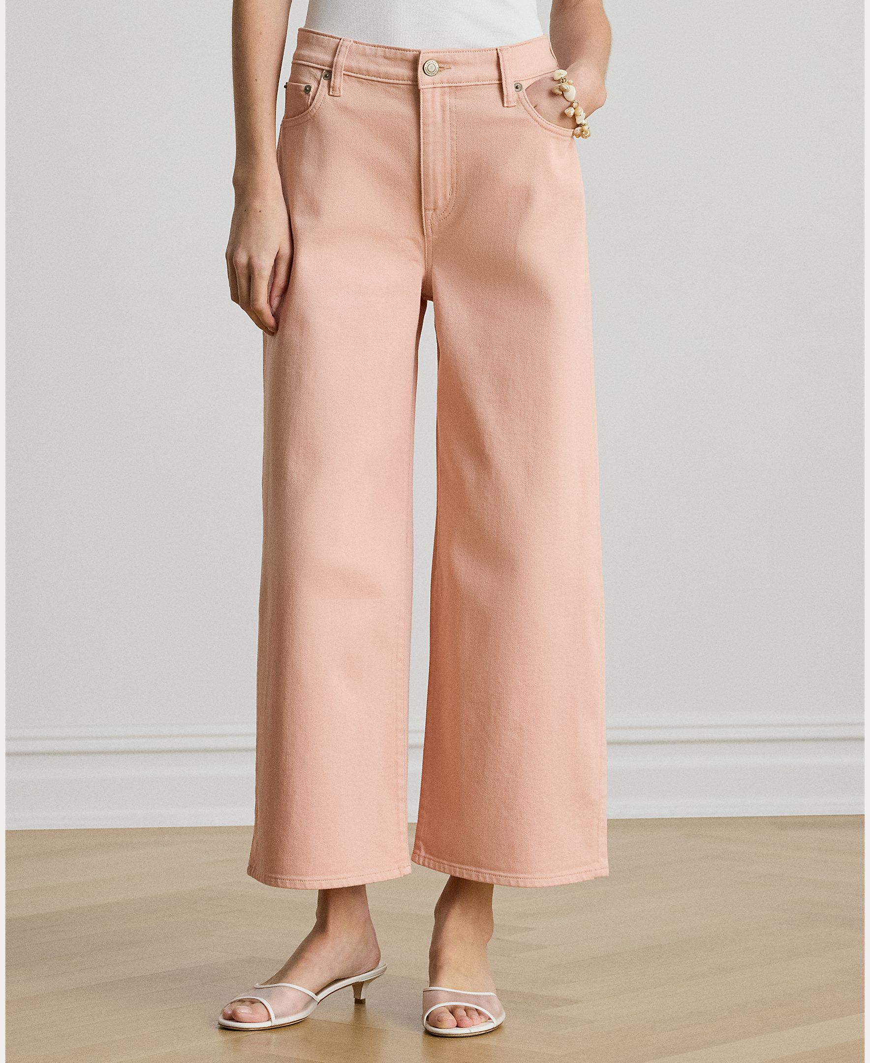 Jeans Largas Recortadas de Algodão Elástico Rosa-claro-4