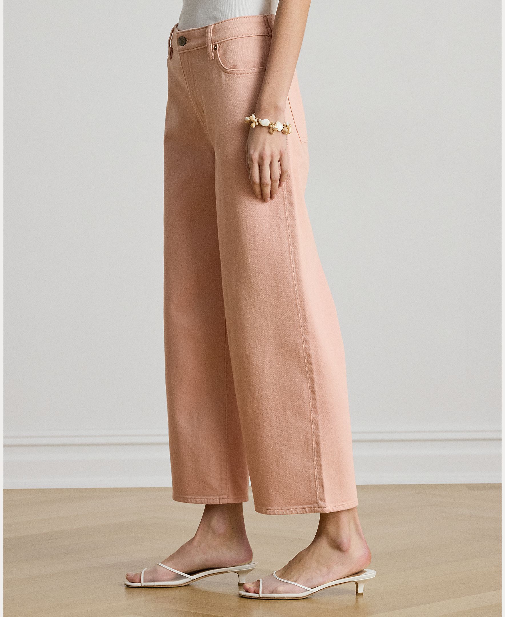 Jeans Largas Recortadas de Algodão Elástico Rosa-claro-5