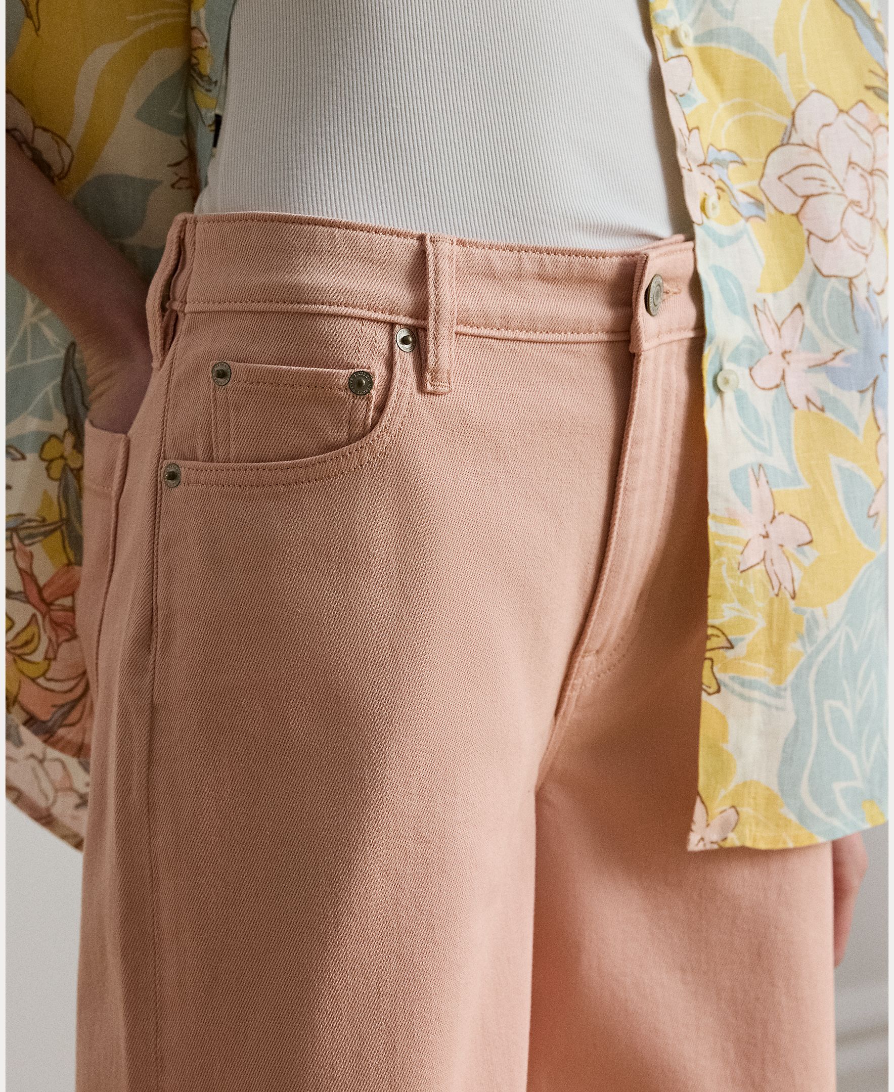 Jeans Largas Recortadas de Algodão Elástico Rosa-claro-6