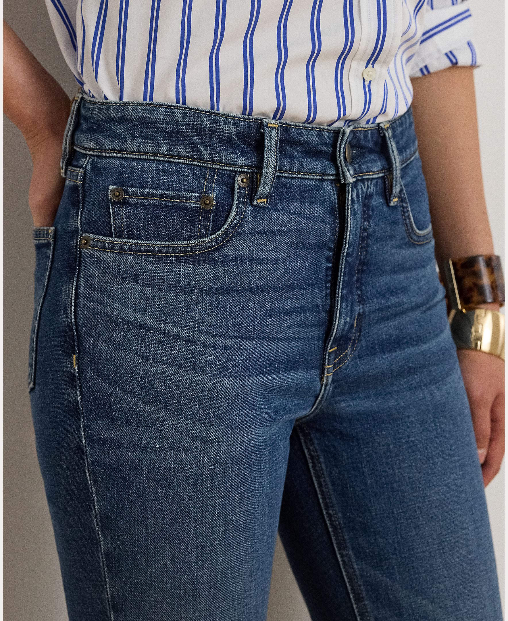 Jeans Straight de Algodão com Cintura Subida Azul-5