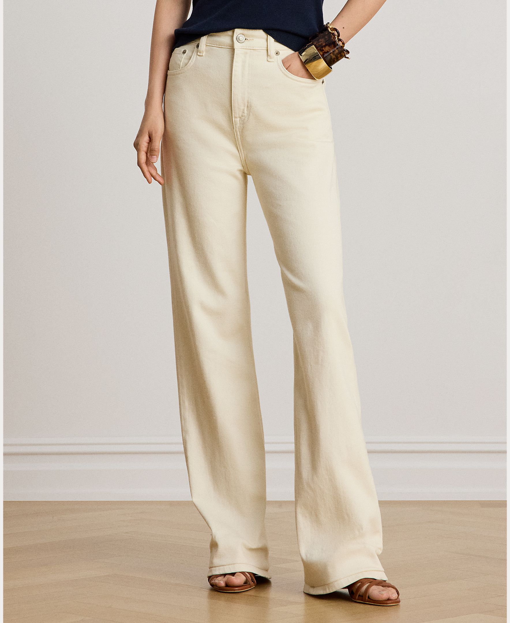 Jeans Straight de Algodão com Cintura Subida Creme-3