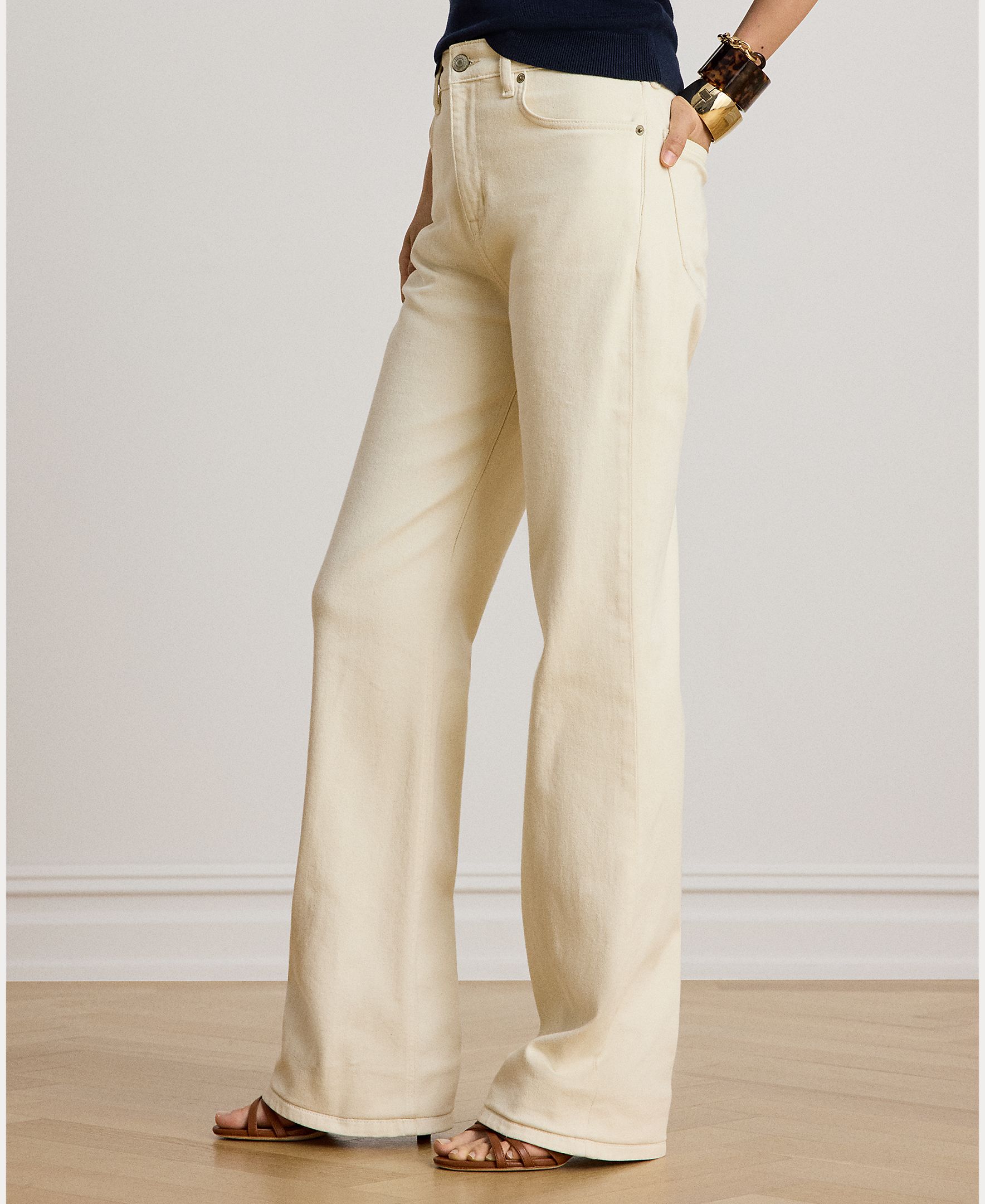 Jeans Straight de Algodão com Cintura Subida Creme-5
