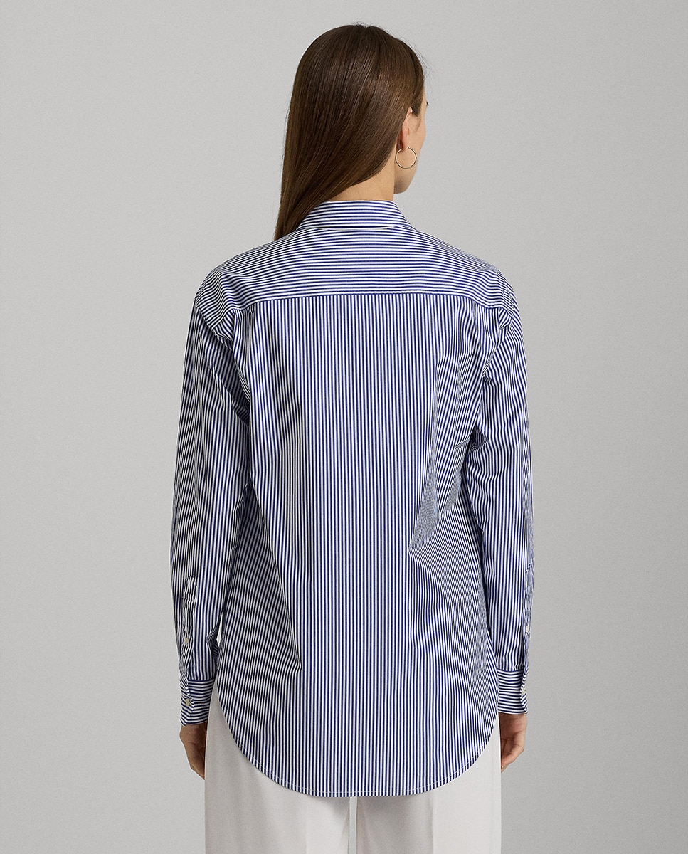 Camisa com Estampado às Riscas e em Algodão Azul-marinho-2