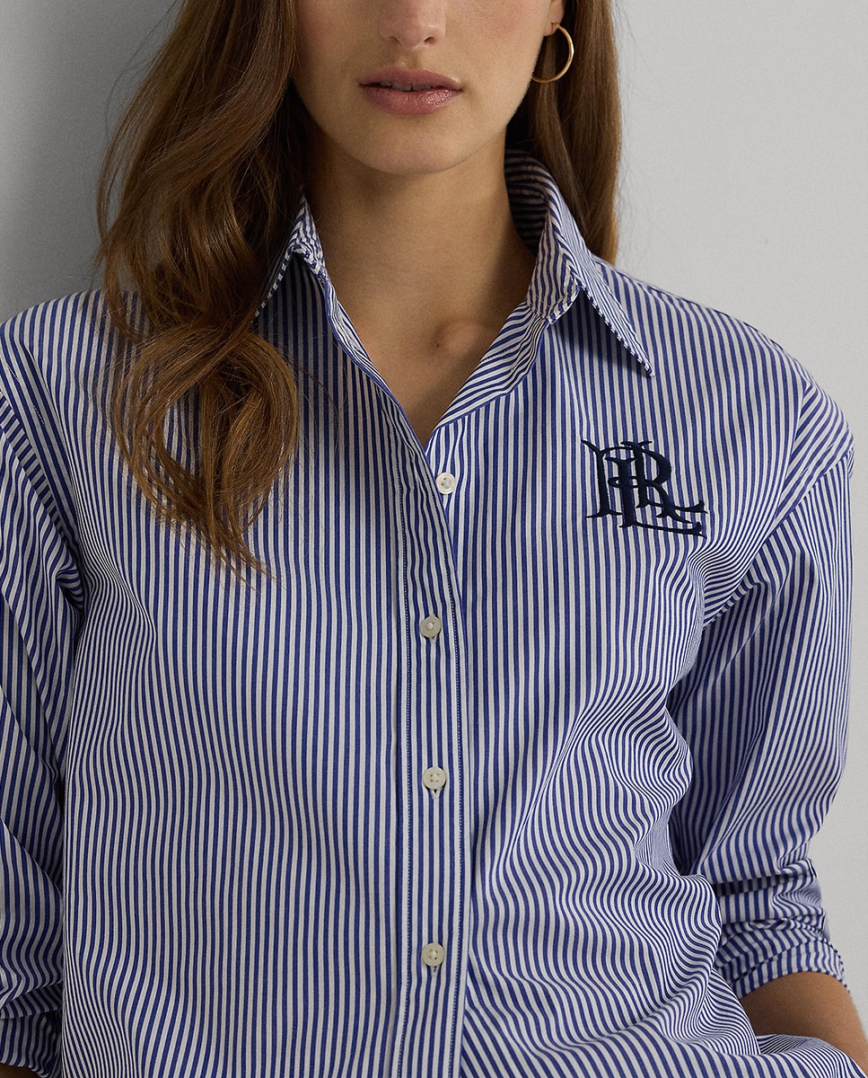 Camisa com Estampado às Riscas e em Algodão Azul-marinho-3