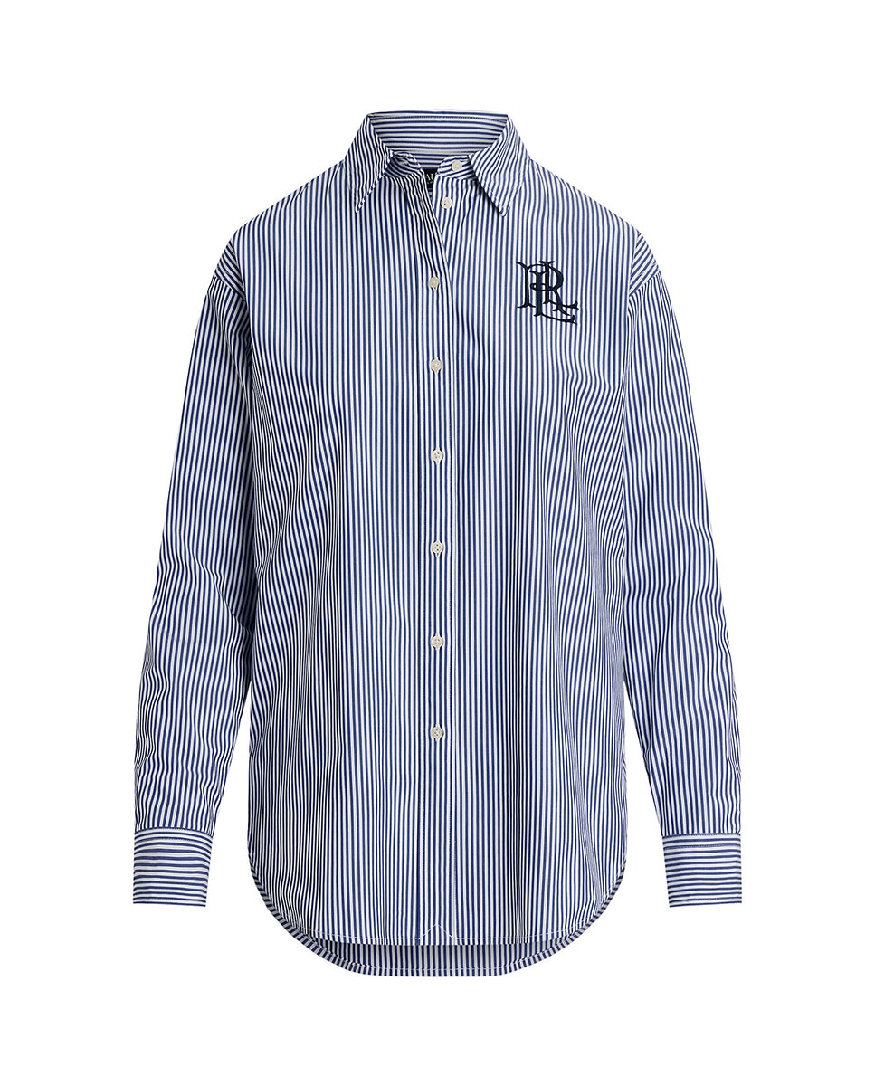 Camisa com Estampado às Riscas e em Algodão Azul-marinho-4