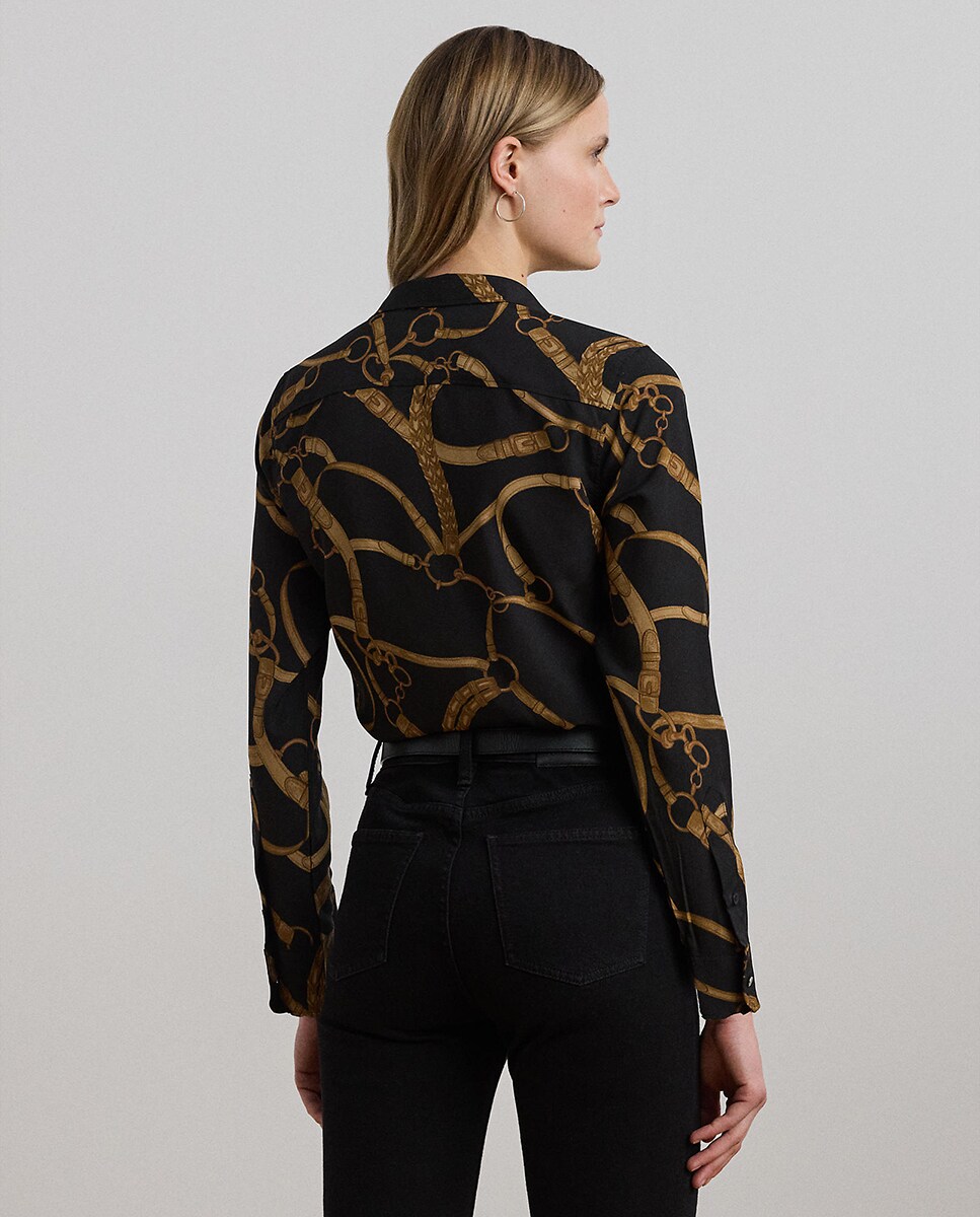Camisa estampada de mulher com manga comprida Preto-3