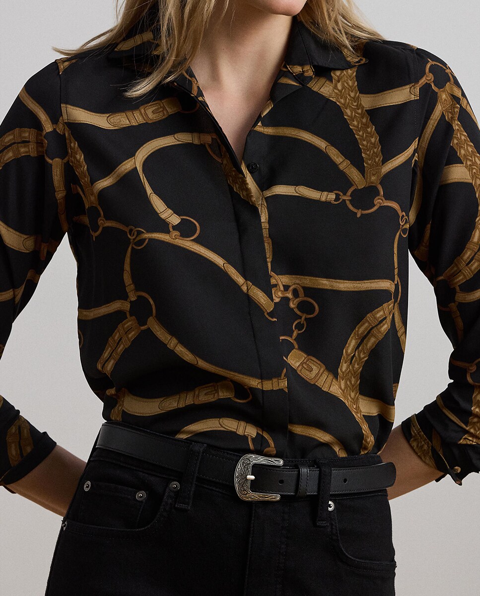 Camisa estampada de mulher com manga comprida Preto-4