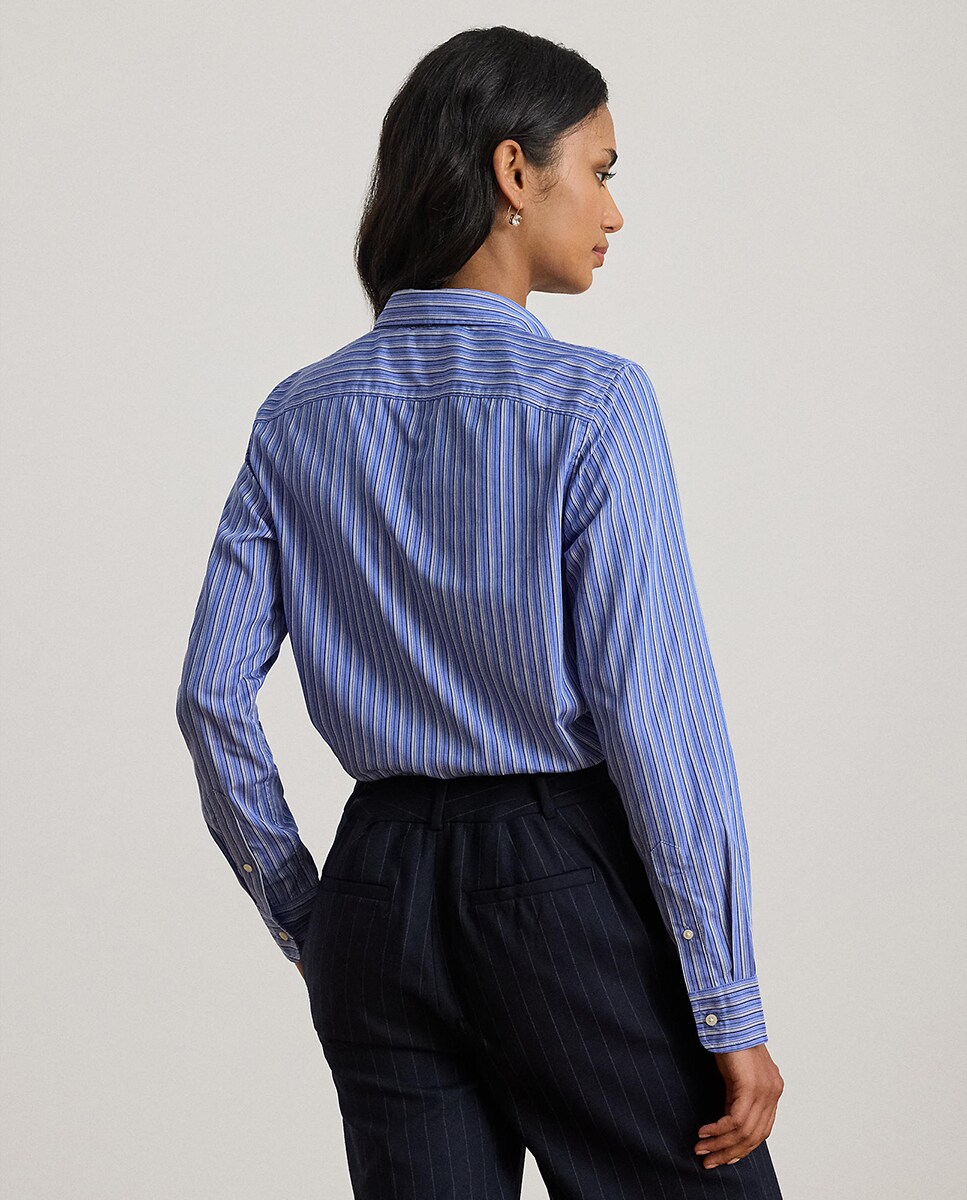 Camisa de Algodão com Laço no Colarinho Azul-3