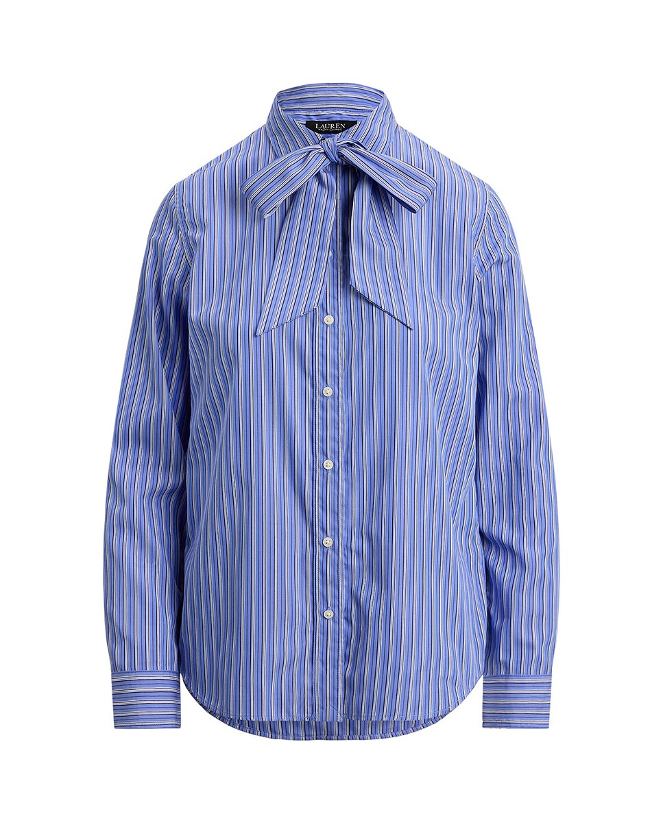 Camisa de Algodão com Laço no Colarinho Azul-5