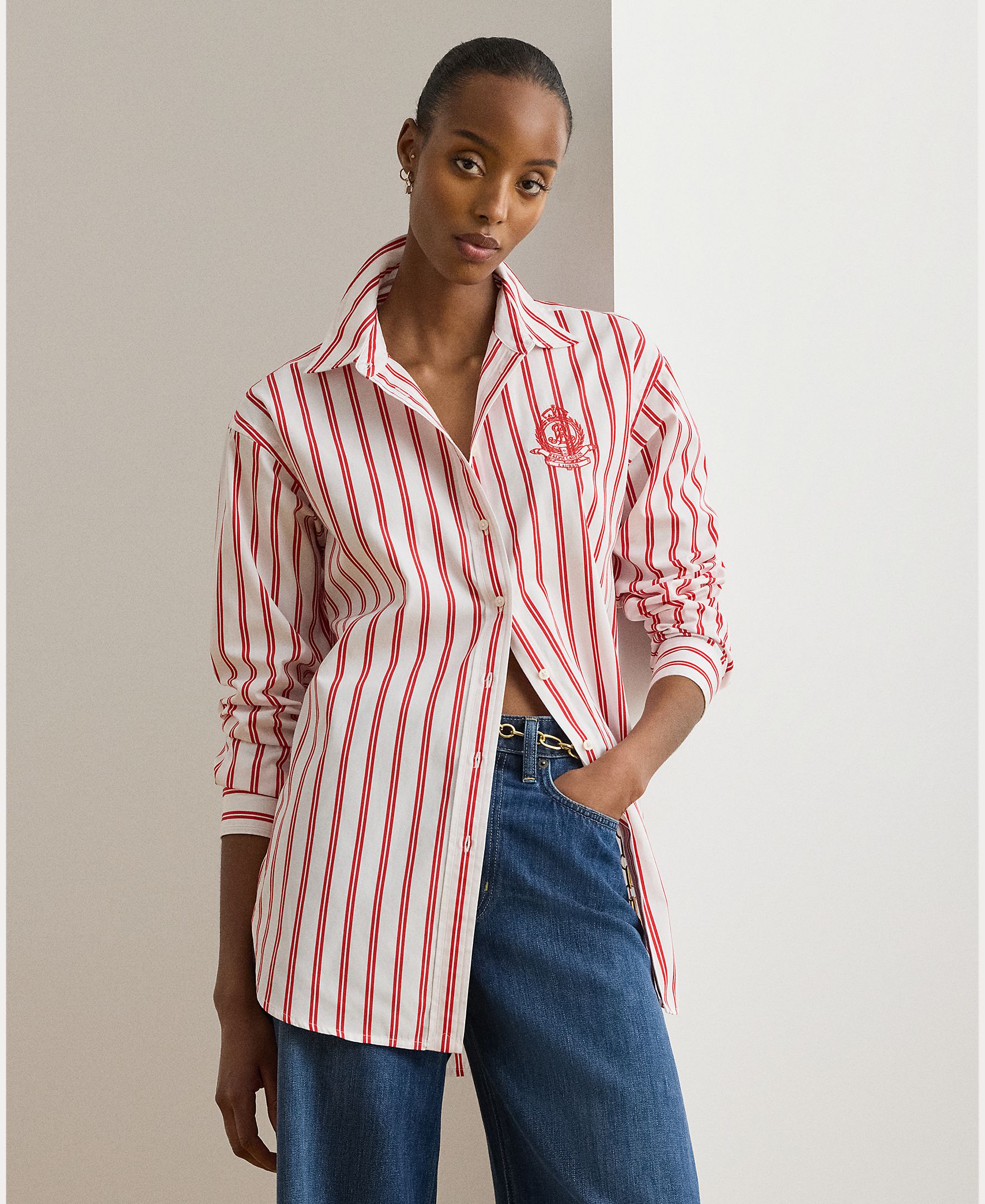 Camisa às Riscas e em Algodão Branco / Vermelho-1