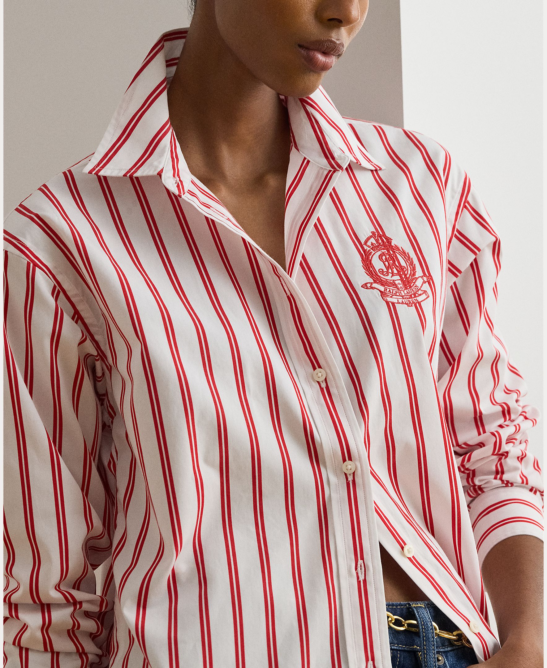 Camisa às Riscas e em Algodão Branco / Vermelho-3