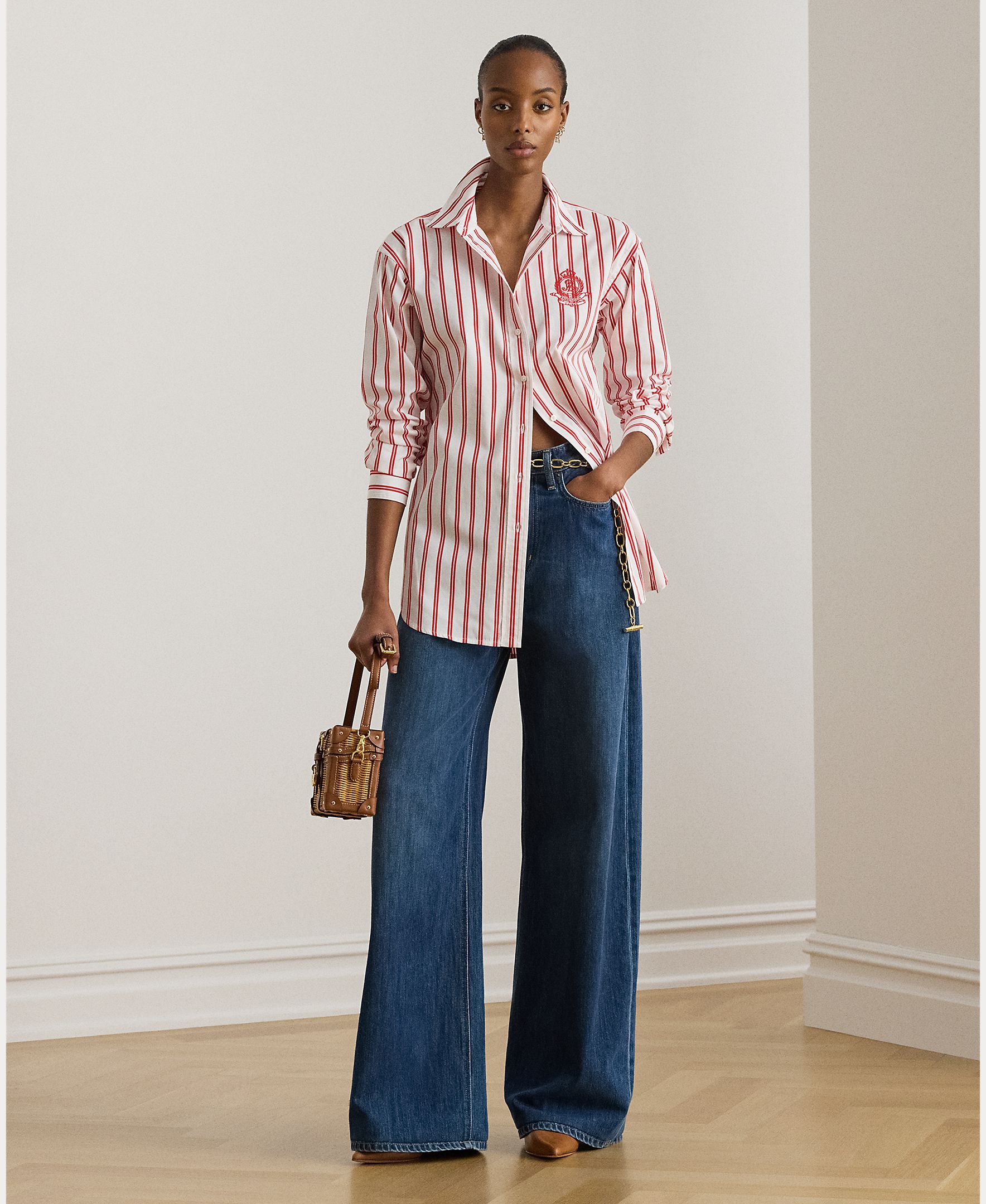 Camisa às Riscas e em Algodão Branco / Vermelho-5