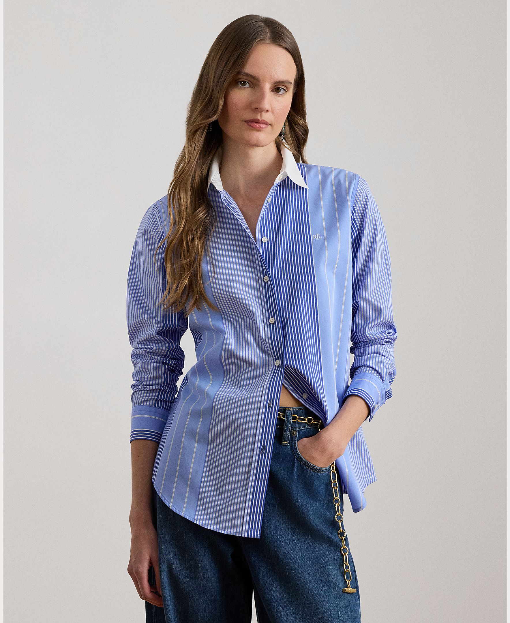 Lauren Ralph Lauren - Camisa de mujer de algodón con cuello en contraste.