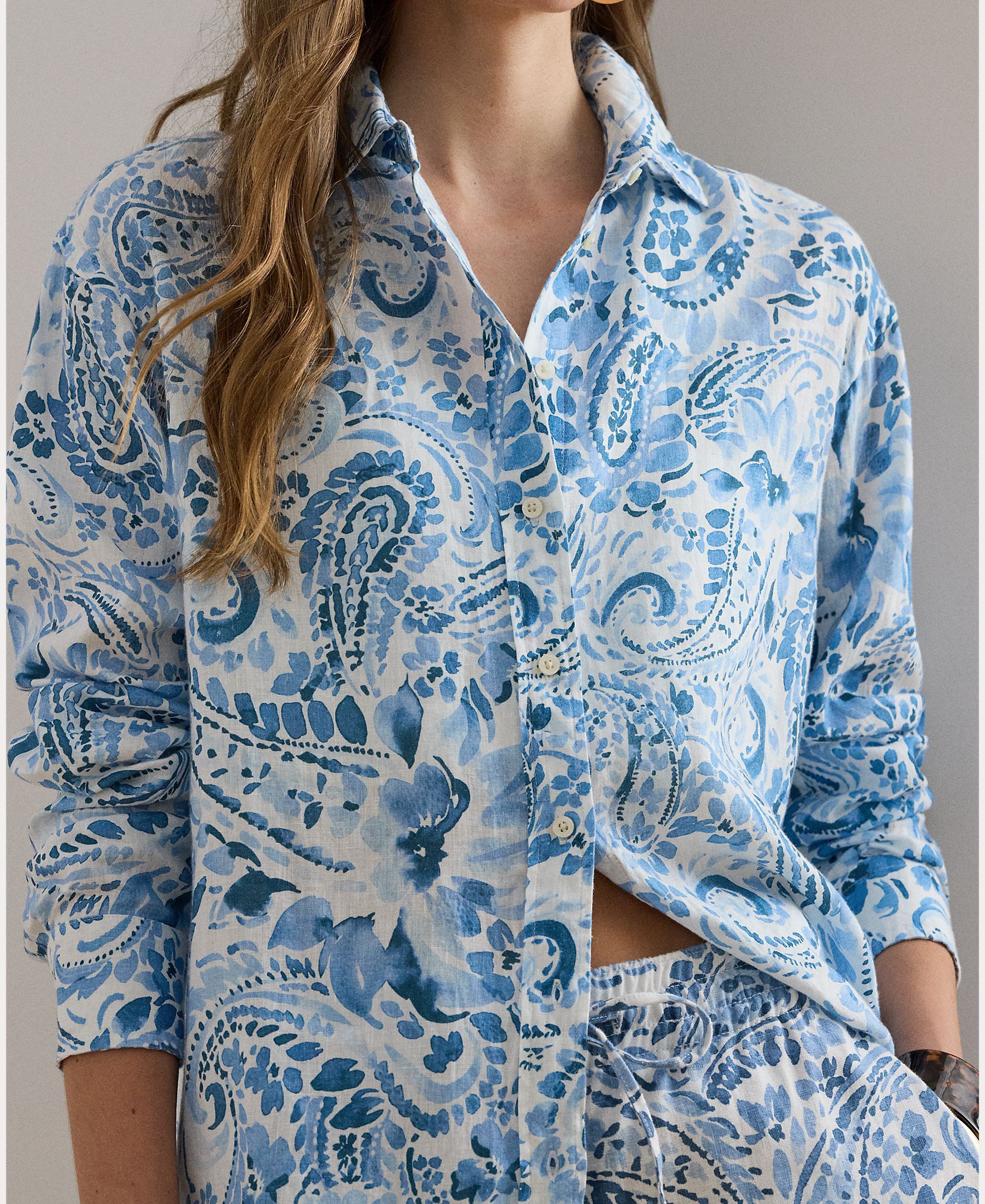Camisa Paisley de Linho Azul / Branco-3