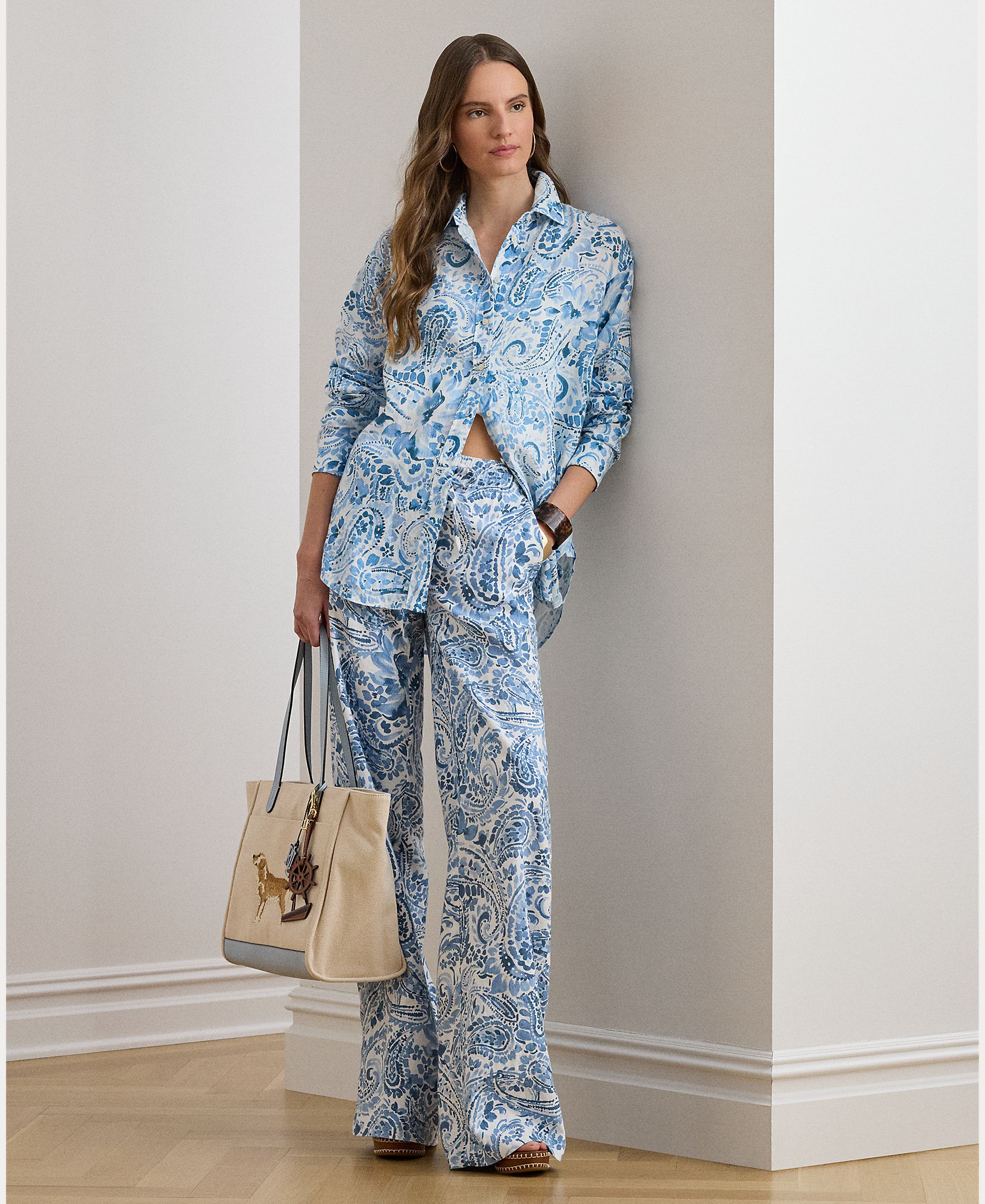Camisa Paisley de Linho Azul / Branco-5