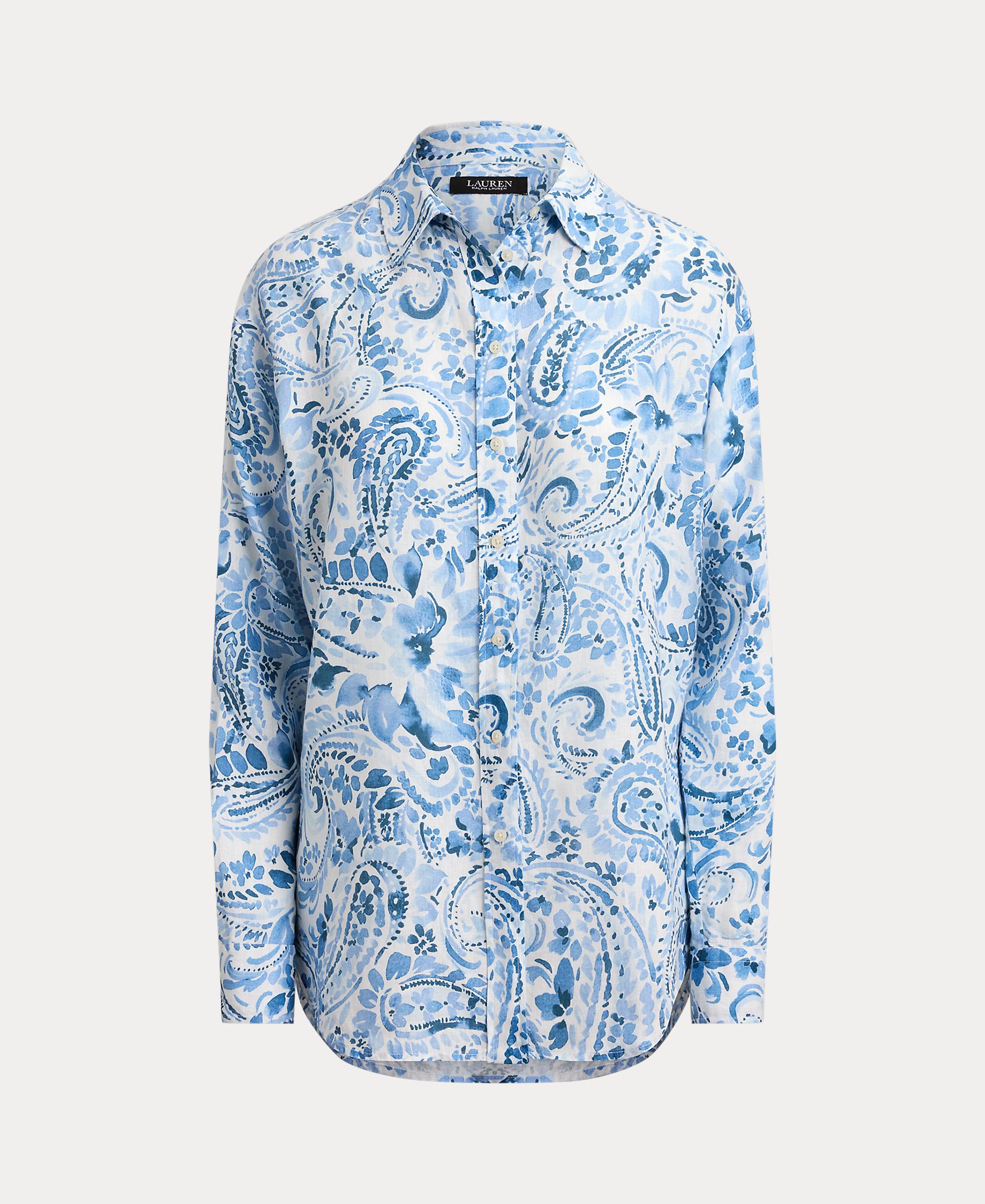 Camisa Paisley de Linho Azul / Branco-4