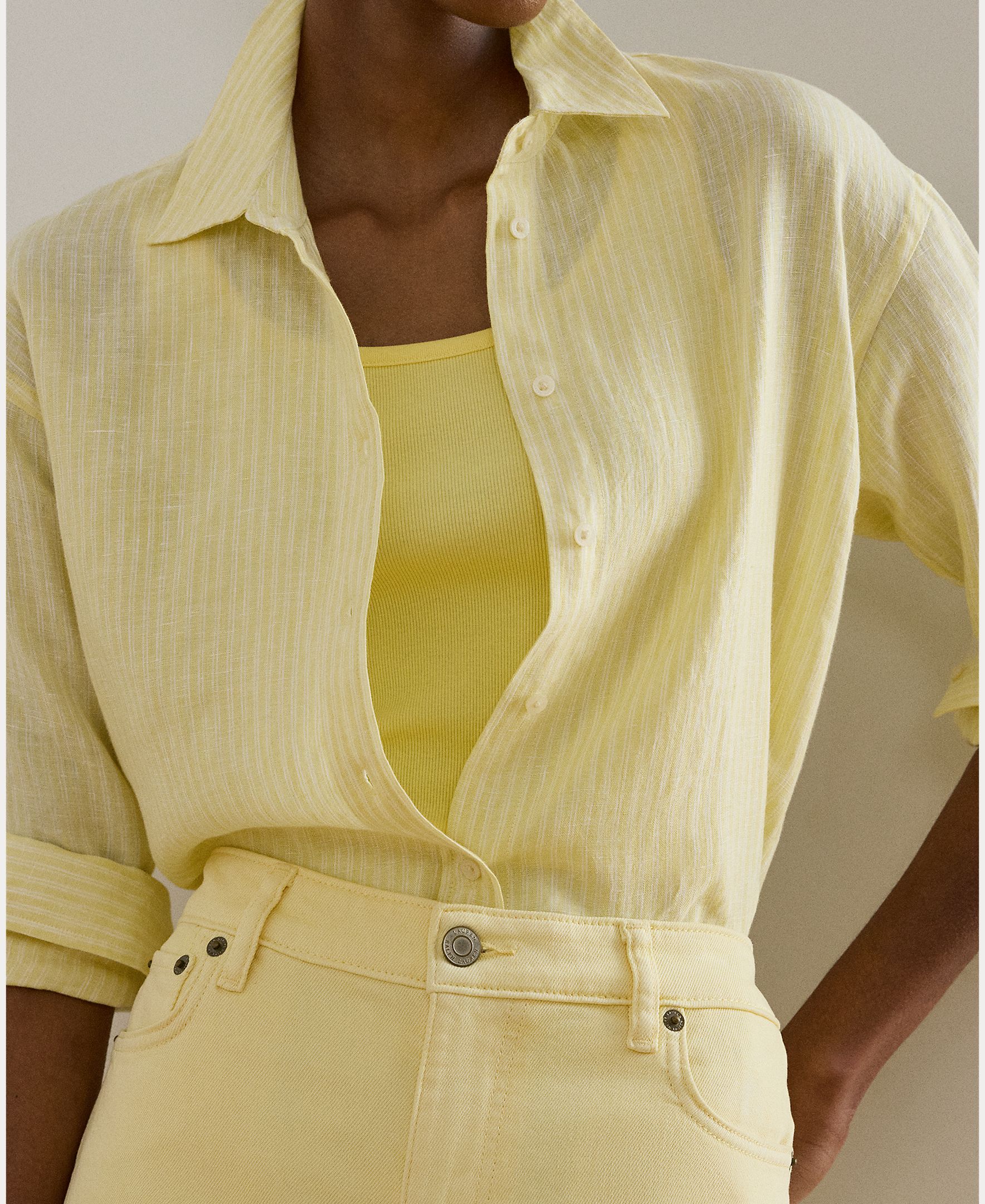 Camisa de linho de mulher Amarelo-3