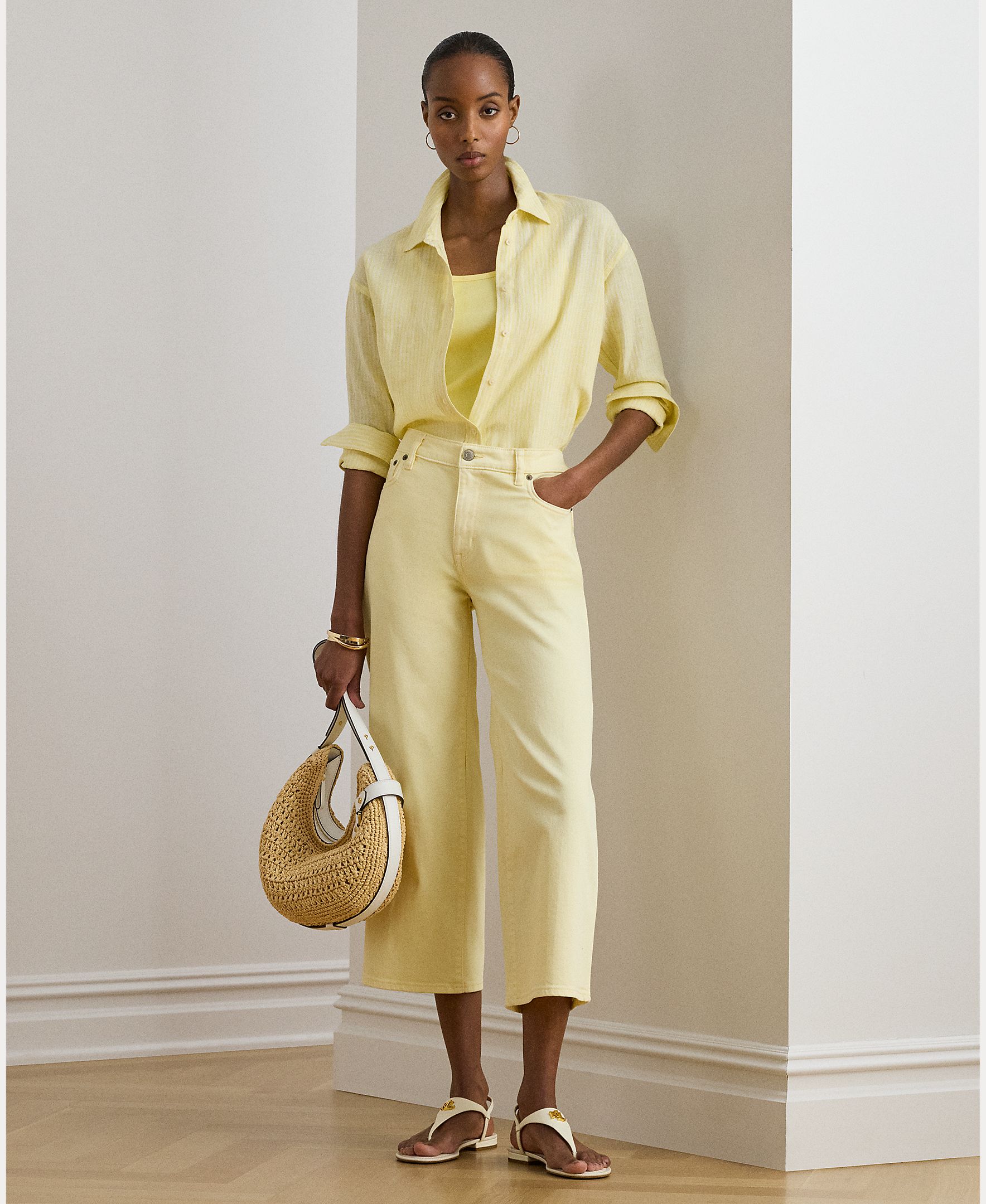 Camisa de linho de mulher Amarelo-5