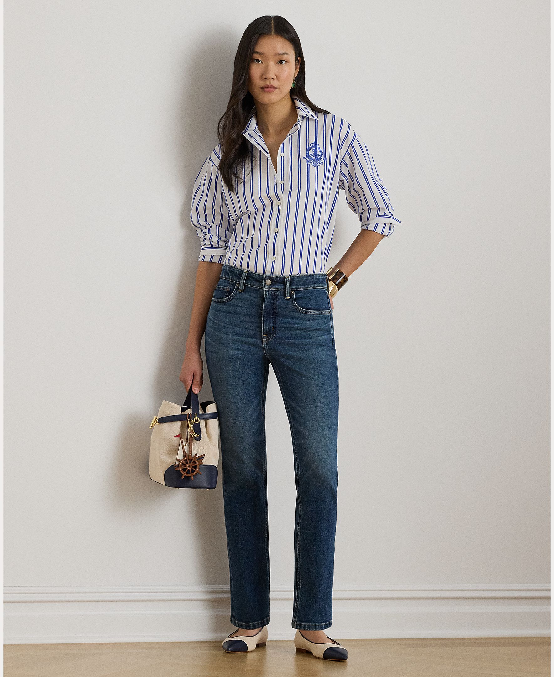 Camisa às Riscas e em Algodão Azul / Branco-5