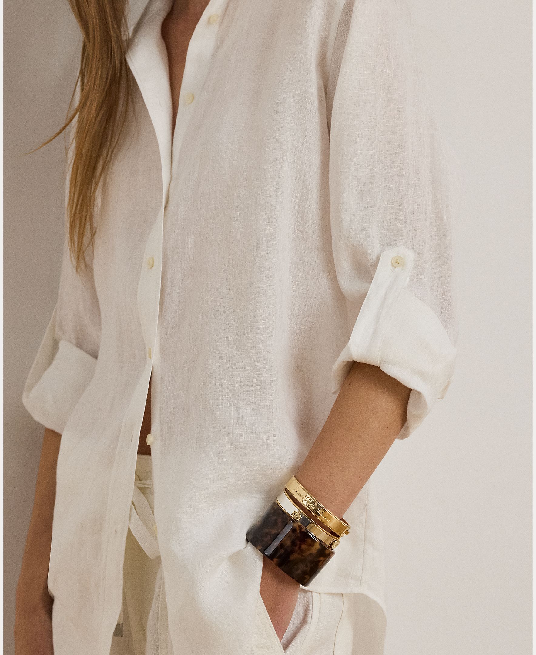 Camisa de linho de mulher Branco-4