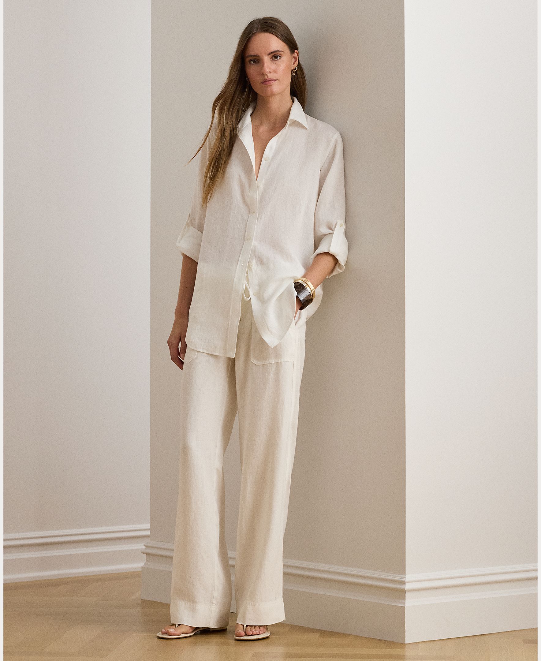 Camisa de linho de mulher Branco-7