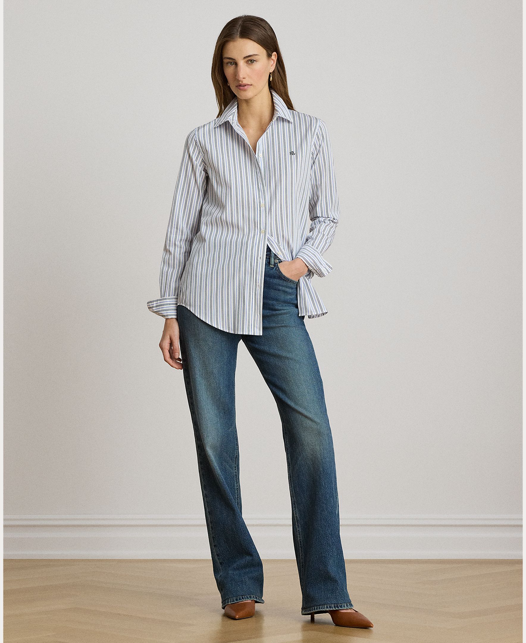 Camisa de Pano às Riscas em Algodão Azul-claro-5
