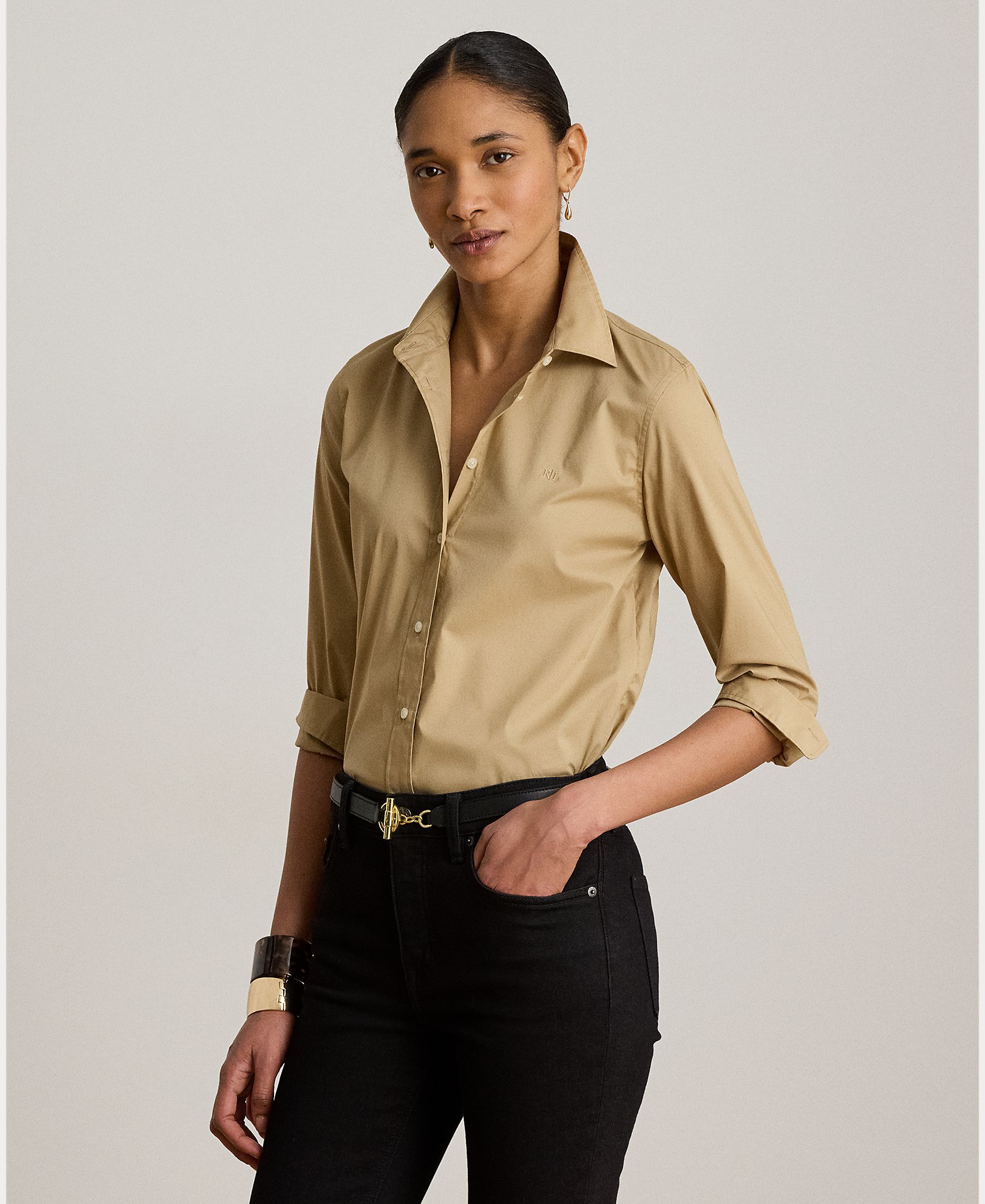 Lauren Ralph Lauren - Camisa de mujer en mezcla de algodón de manga larga.