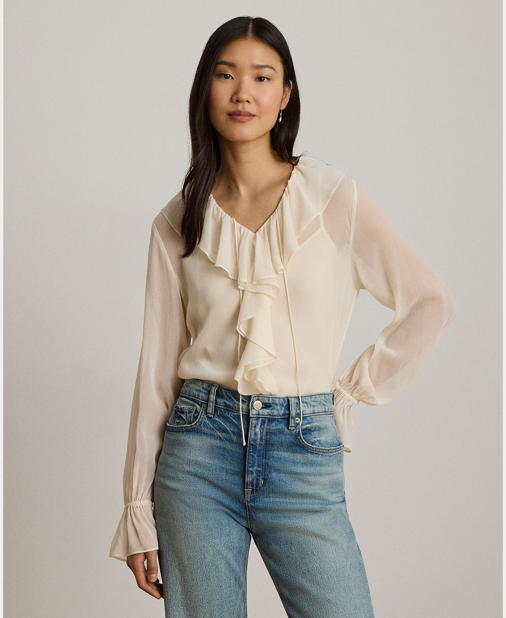 Lauren Ralph Lauren - Blusa de mujer de manga larga con volantes.