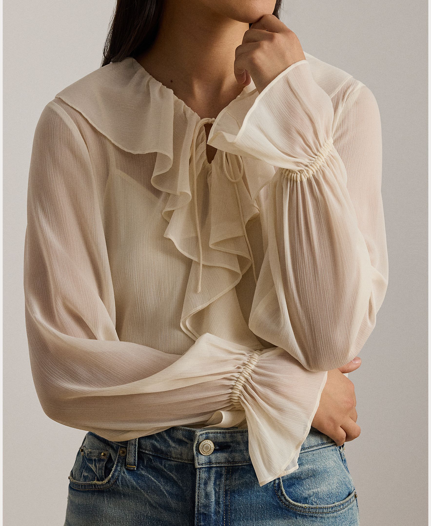 Blusa de Manga Comprida com Folhos Natural-4