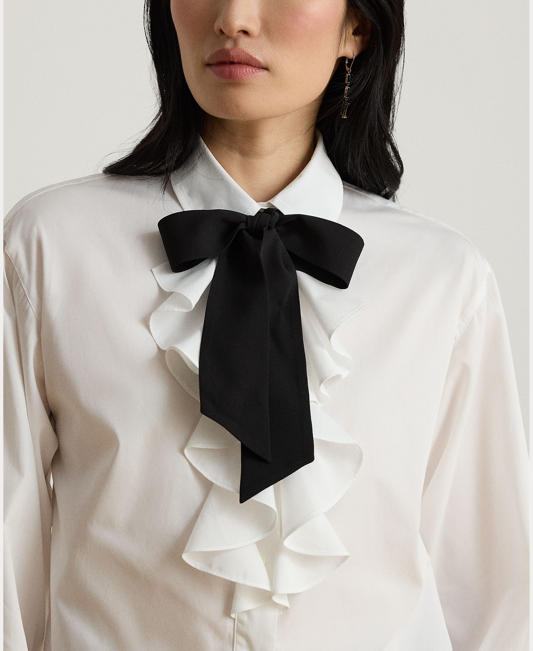 Camisa de Algodão com Laço no Colarinho Branco-4