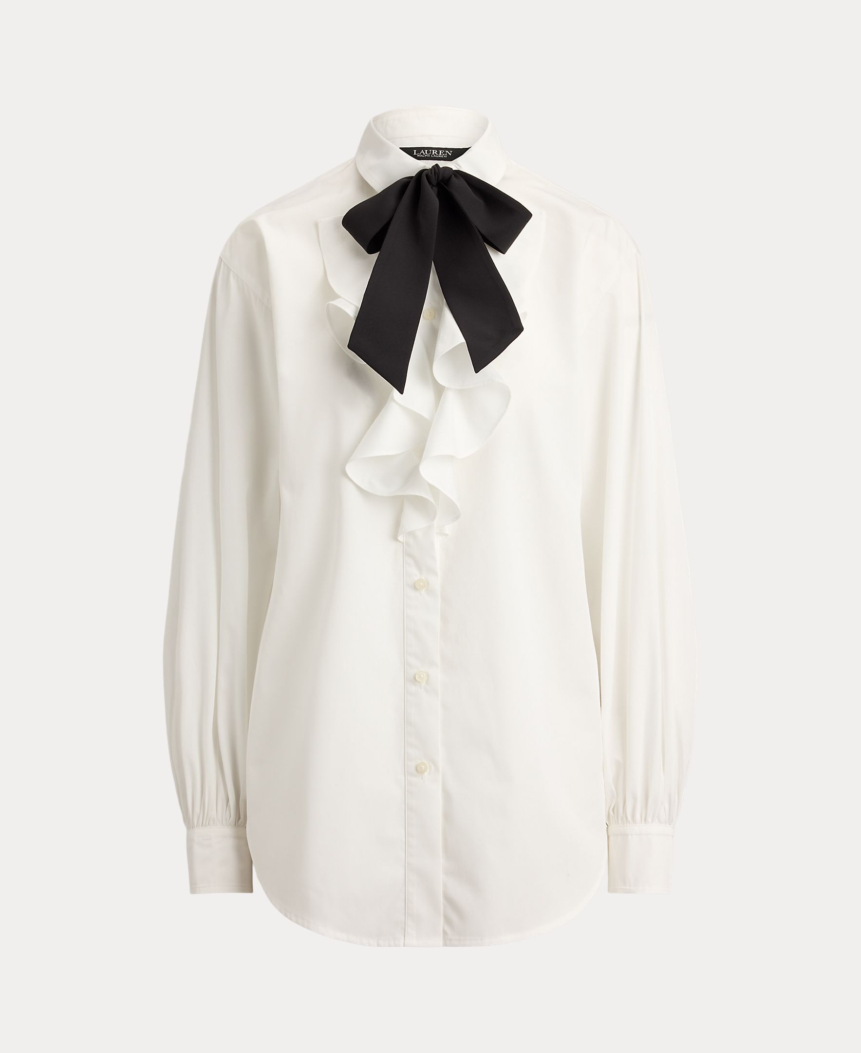 Camisa de Algodão com Laço no Colarinho Branco-6
