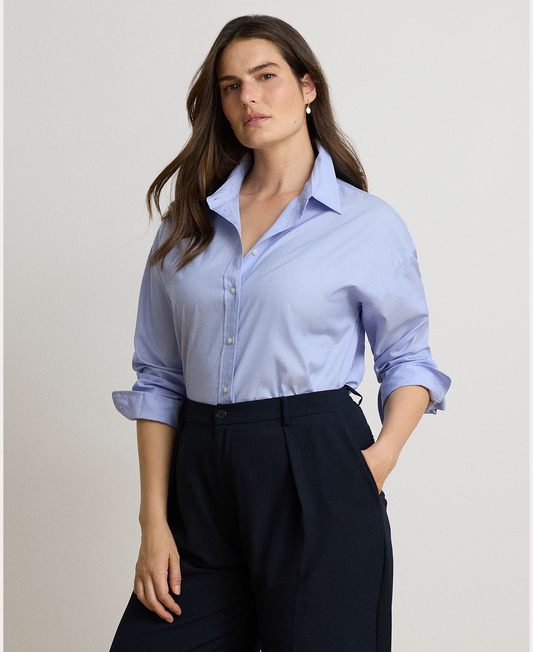 Camisa de algodão com manga comprida Azul-6