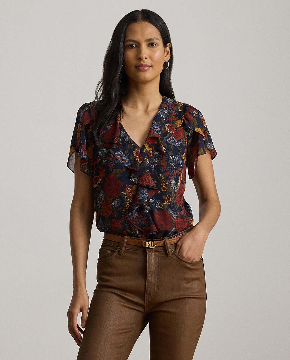 Blusa de Georgette Estampada com Folhos Multicolor-1