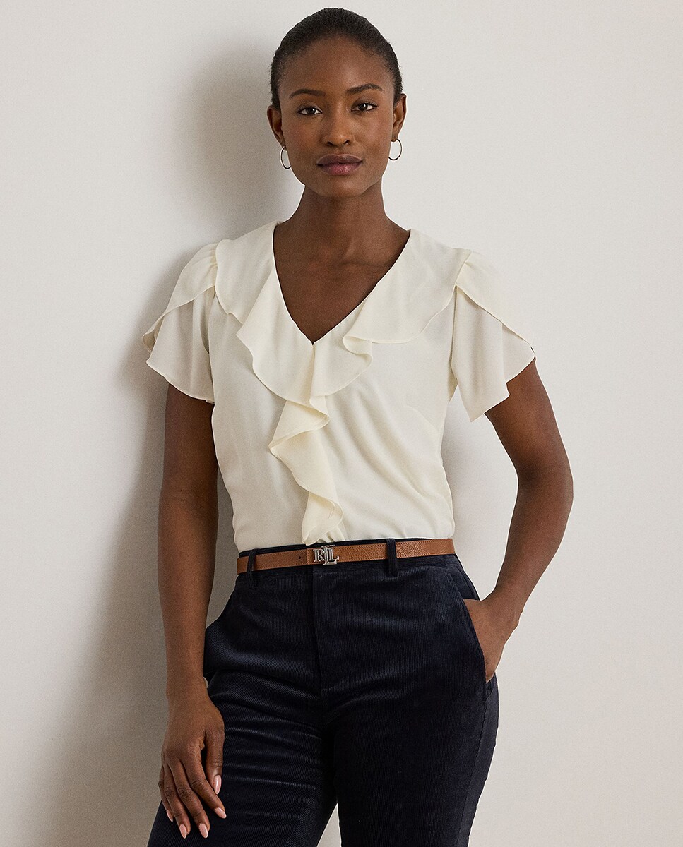 Blusa de mujer con volantes de manga corta 36/2 Crudo