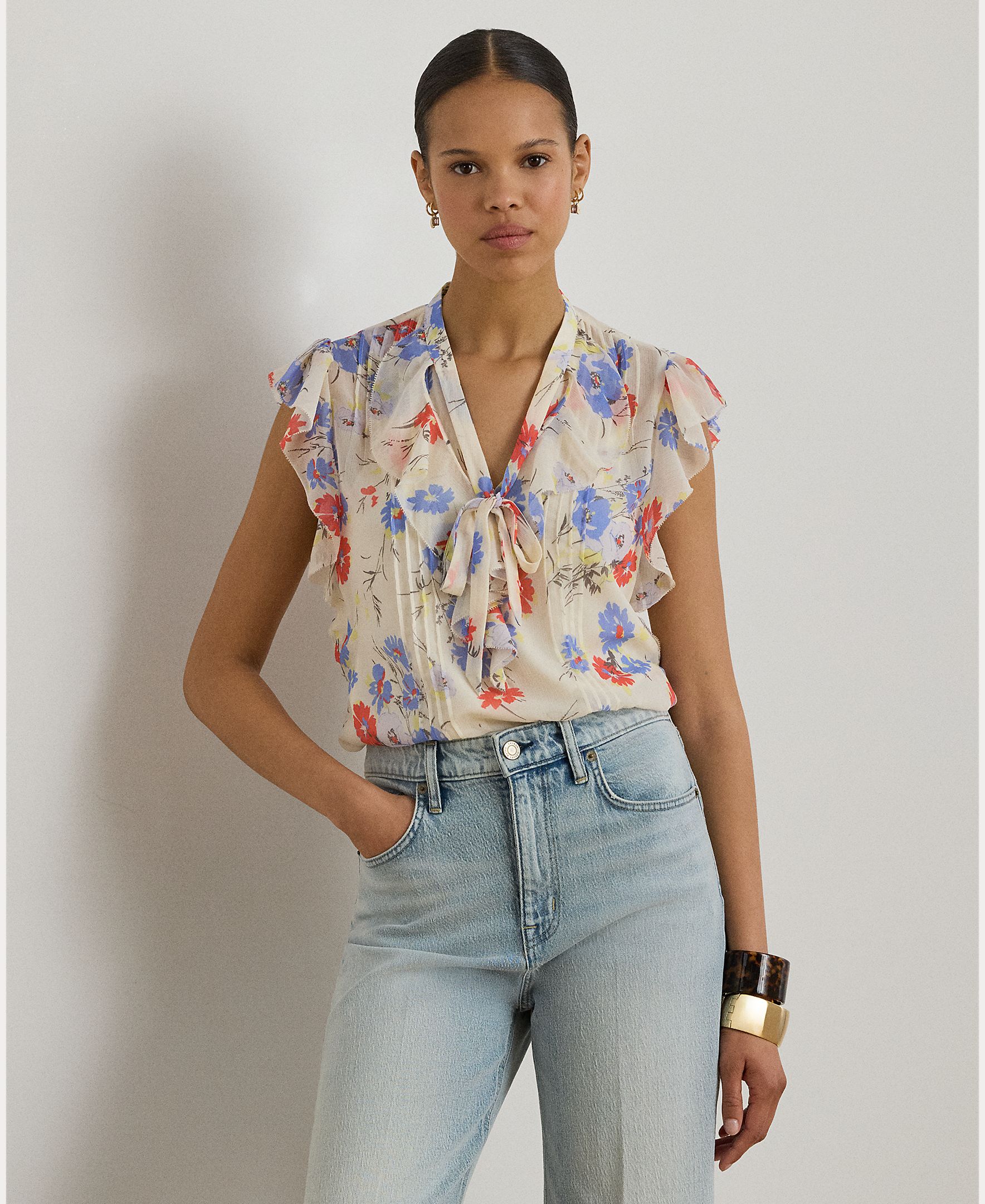 Imagem 0 de Blusa de Georgette Estampada com Folhos