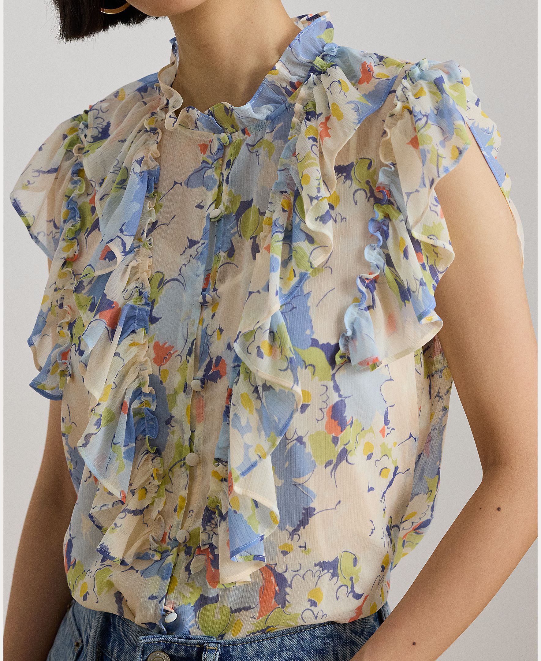 Blusa com Folhos e Estampado Azul-claro-3