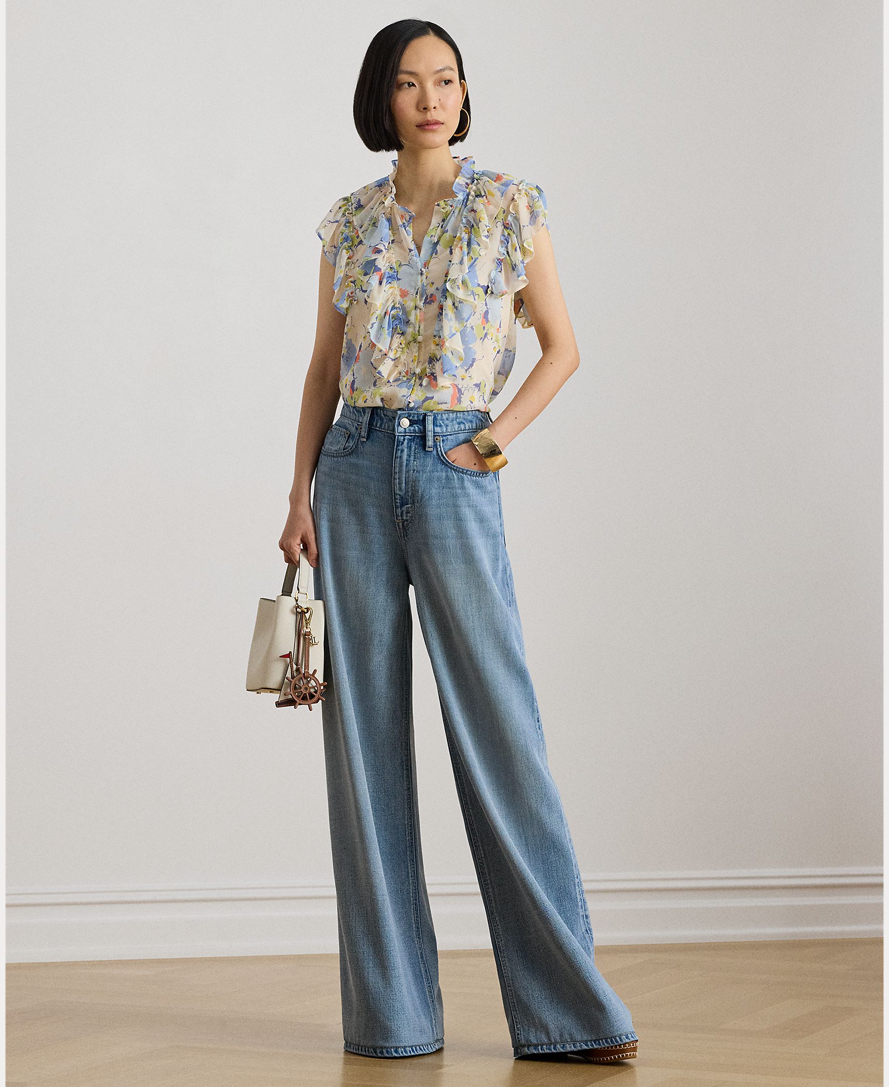 Blusa com Folhos e Estampado Azul-claro-5