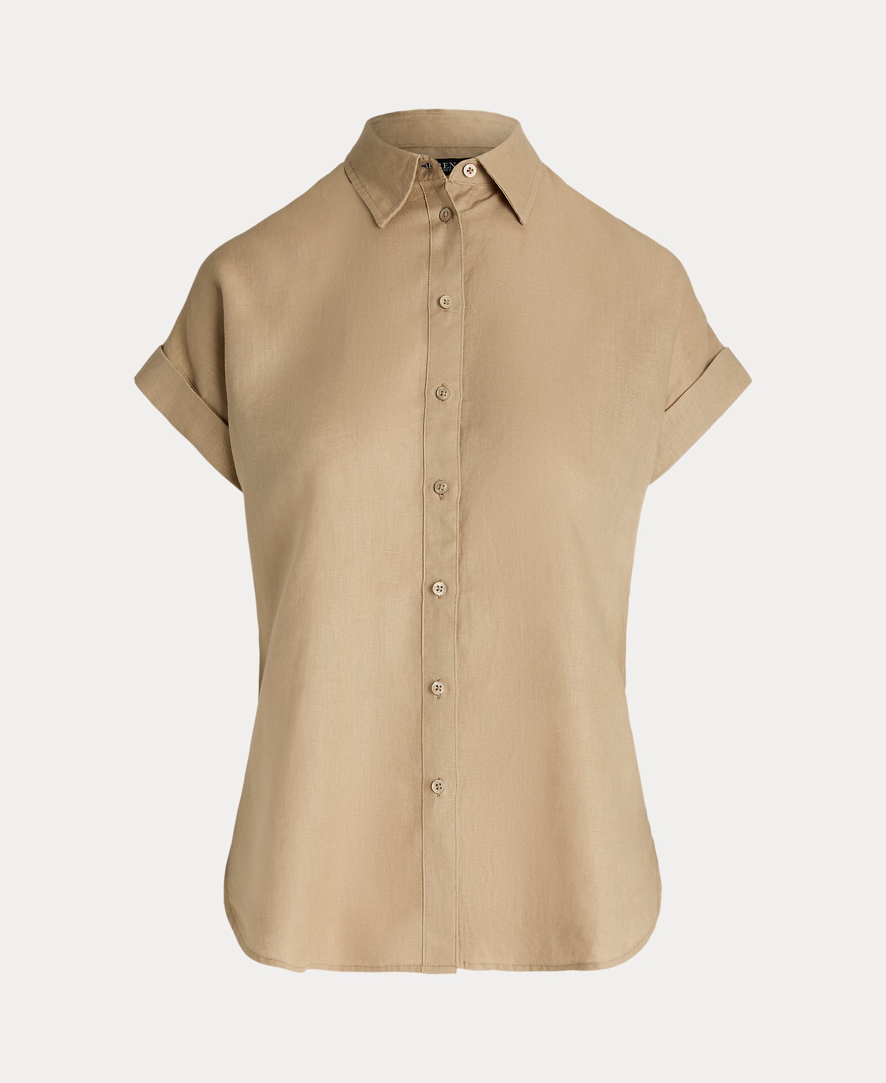 Camisa com Manga Curta e em Linho Bege-5