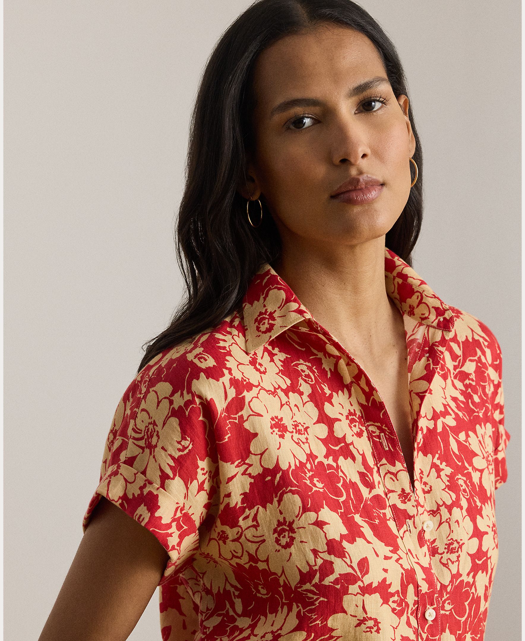 Camisa de linho estampada Vermelho-3