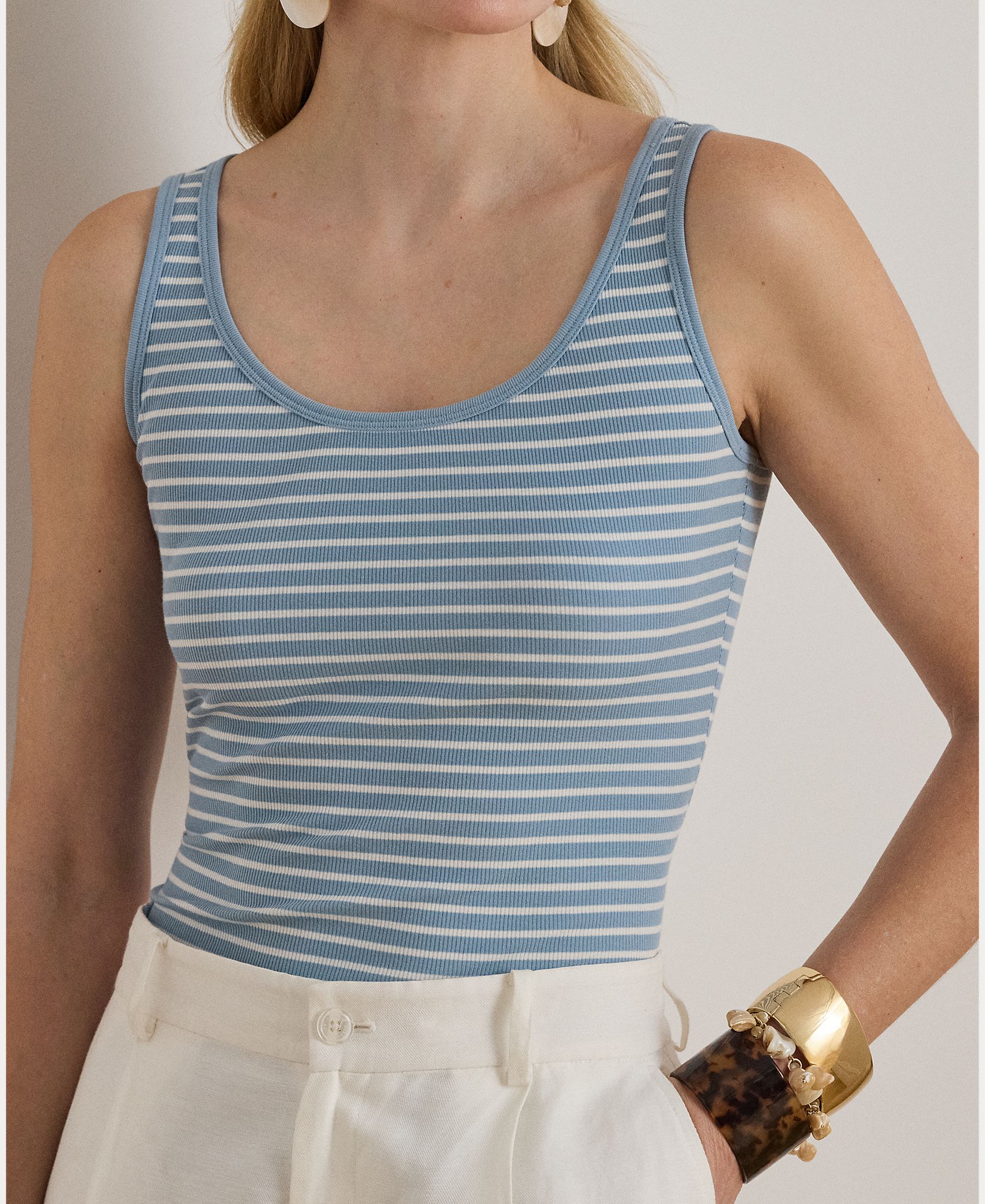 T-shirt de Alças de Algodão Elástico Azul-claro-3
