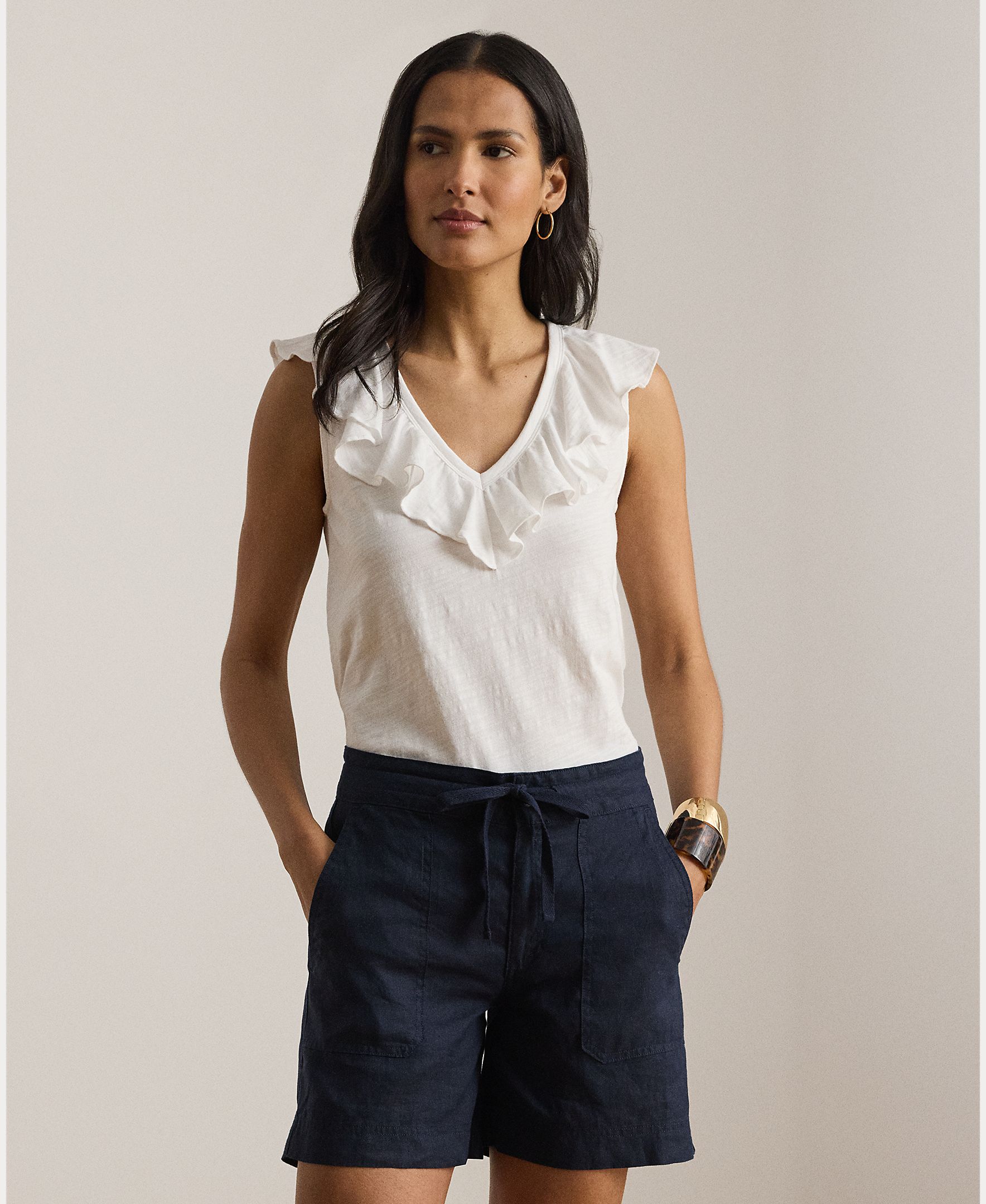 Lauren Ralph Lauren - Camiseta de mujer de algodón con volantes.