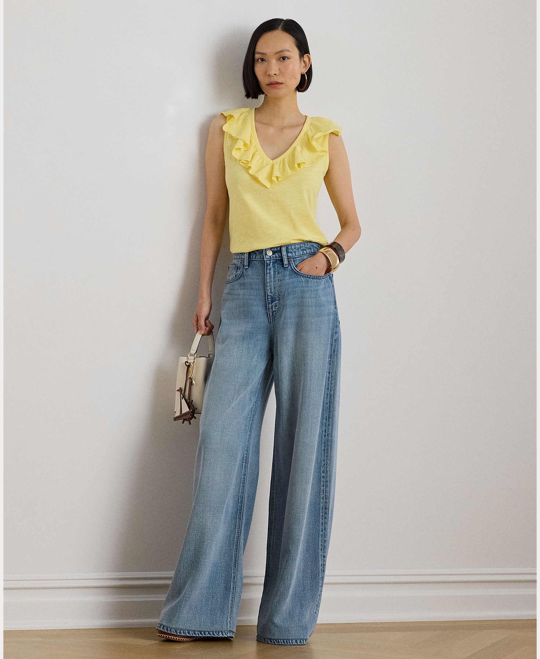 T-shirt de Algodão com Folhos Amarelo-5